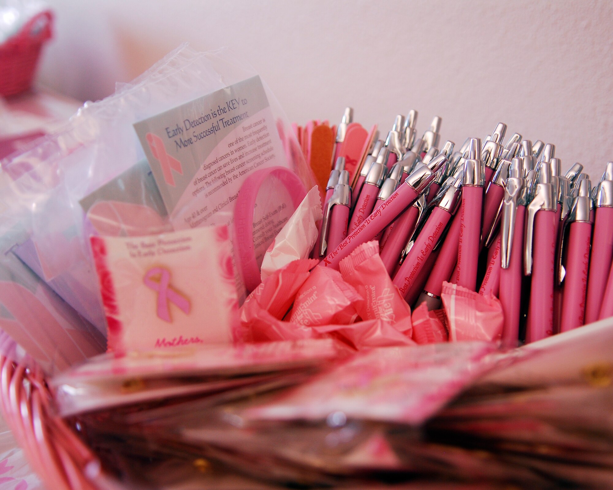 These are some items given away to promote Breast Cancer Awareness during the Breast Cancer Awareness Seminar on Oct. 24 held at Chapel One on Vandenberg AFB. The Breast Cancer Awareness Seminar was created to help educate and inform the population about breast cancer. (Photo by Airman 1st Class Ashley Reed)