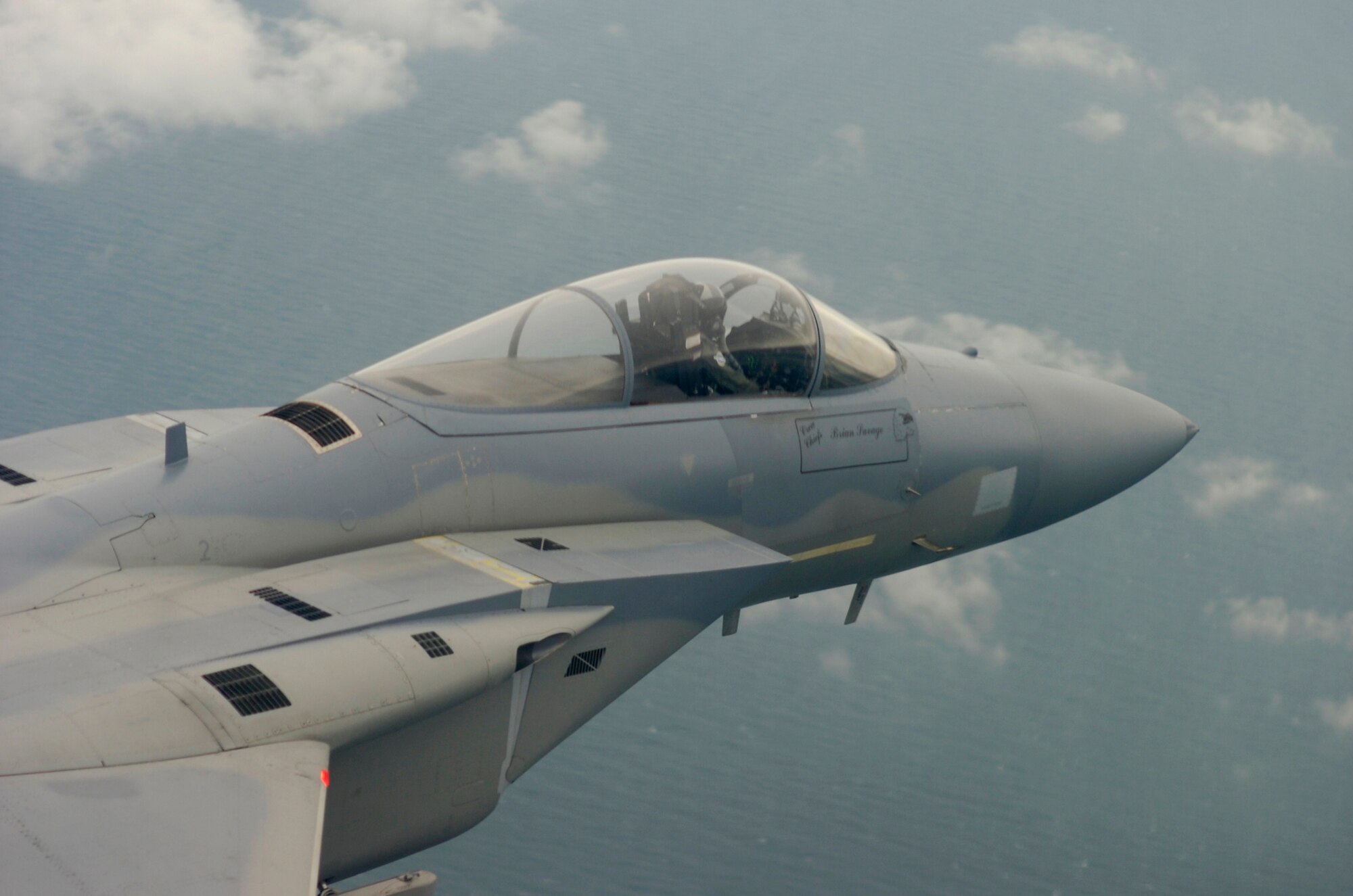 An F-15 Strike Eagle from Otis Air National Guard, Massachusetts flies over Florida’s Gulf Coast while participating in a Combat Archer exercise Oct. 16.  The 83rd Fighter Weapons Squadron, located at Tyndall Air Force Base Fla., hosted the guard unit for Combat Archer Oct. 15-18.  The exercise experienced some delays due to rough weather during the week.  Combat Archer is a weapons system evaluation that analyzes personnel and equipment to determine the effectiveness of the Air Force’s frontline air-to-air combat capability.  This program is run exclusively by the 83rd FWS.  (Air Force photo by Capt. Jeffrey Barnes.)