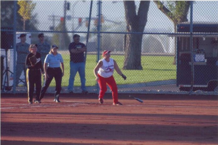 Third-baseman Staff Sgt. Sarah Ryan knocks one out of the park during the 2007 All-Armed Forces Women’s Softball Championships, Sept. 18 to 20 at Hill AFB, Utah. (courtesy photo)