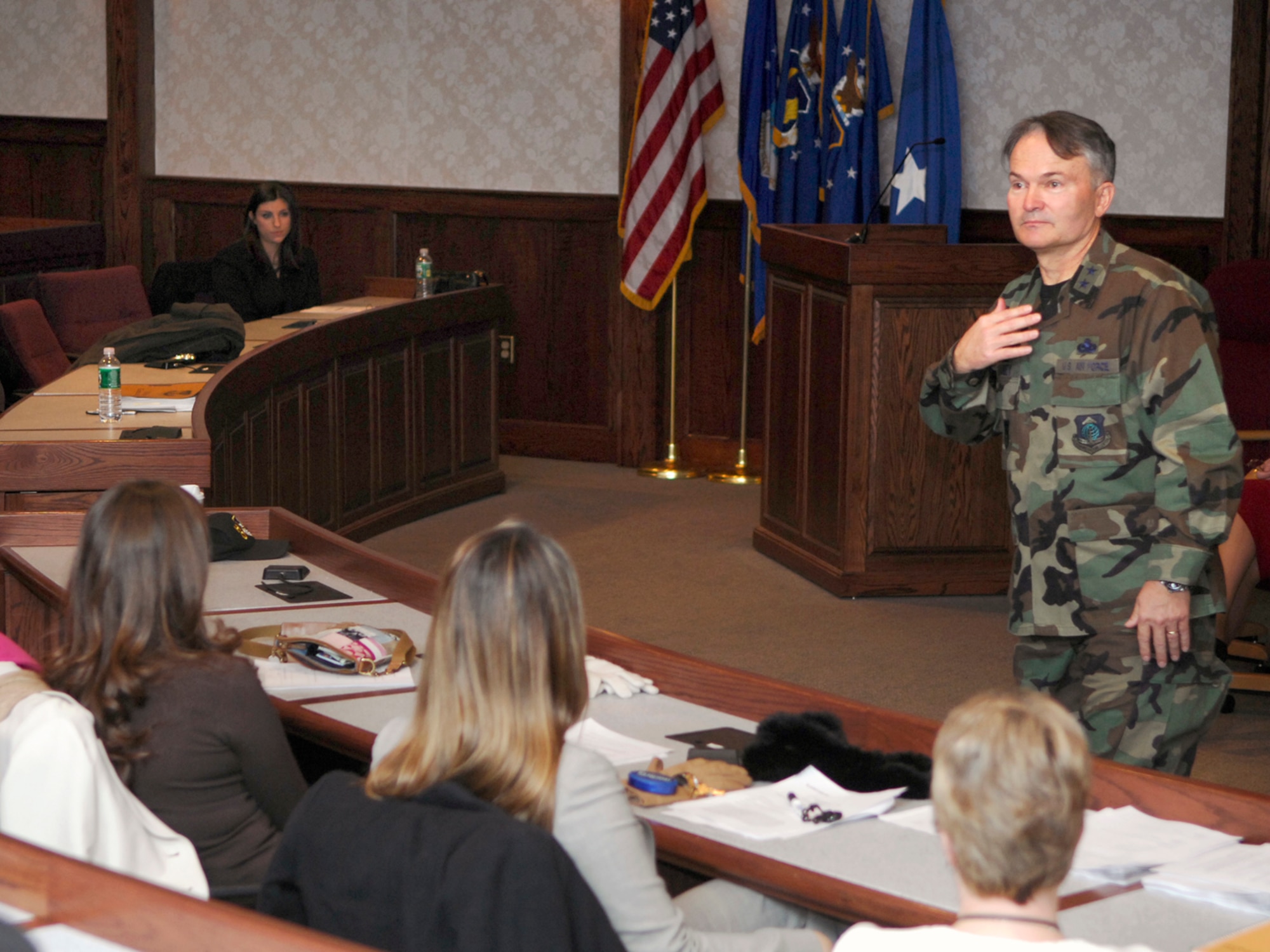 A strong proponent for mentoring younger members of the workforce, both military and civilian, General Rooney addresses the Hanscom Junior Force Council earlier this year.  (U.S. Air Force photo by Mark Wyatt.)