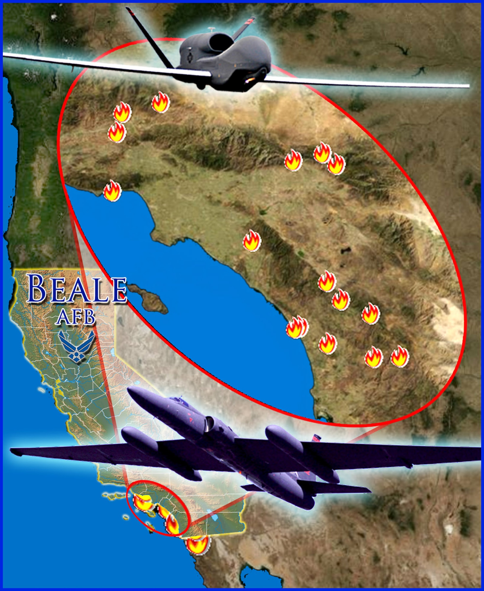 The 9th Reconnaissance Wing's U-2 and Global Hawk surveillance and reconnaissance aircraft from Beale Air Force Base, Calif., have been tasked to collect high-altitude imagery of the wildfires in Southern California. (U.S. Air Force illustration)
