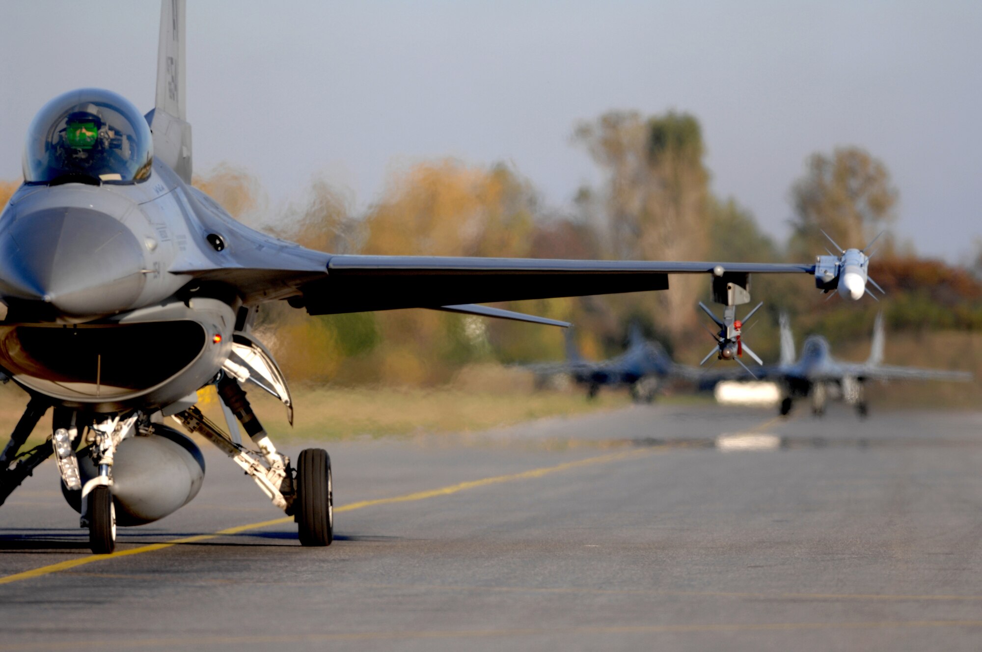 AVIANO AIR BASE, Italy--Bulgarian MiG-29's and F-16s deployed to Graf Ignattevo air force base, Bulgaria taxi toward the end of runway for take off as part of Exercise Rodopi Javelin Oct. 18, 2007.  More than 250 Airman from Aviano join with Bulgarian Air Force to train together during Exercise RODOPI JAVELIN 2007 at Graf Ignatevio Airfield, Bulgaria. 5-26 Oct, 2007. (U.S. Air Force photo/Staff Sgt. Michael R. Holzworth)