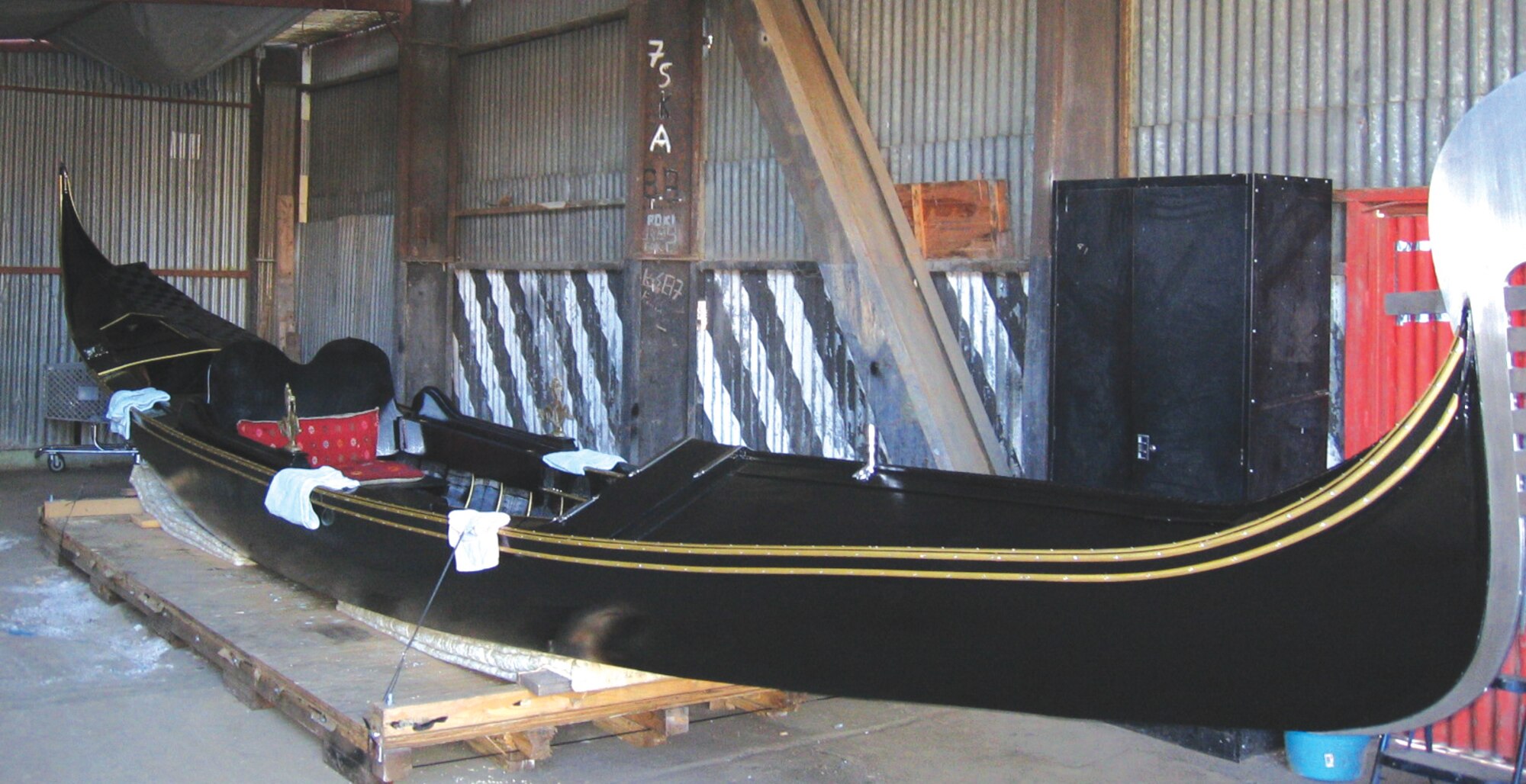 AVIANO AIR BASE, Italy--Mr. Manley's completed gondola sits on a palette before being trucked down to Venice Oct. 18. (Photo by Jim Sajo).