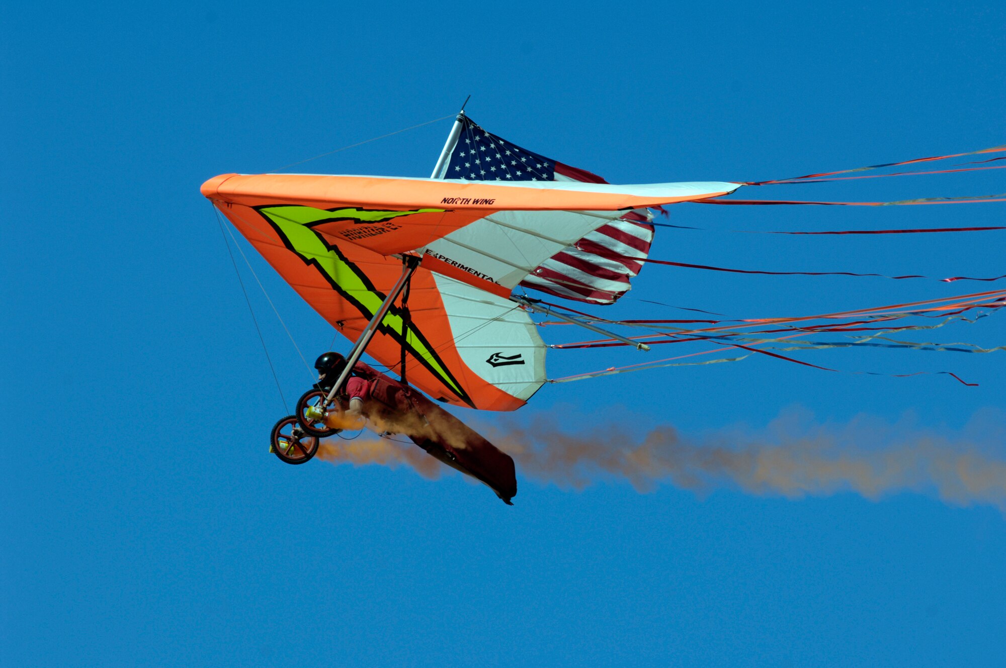 Dan Buchanan flies a hang glider during practice of the Holloman Air and Space Expo on October 26, 2007 at Holloman AFB, NM. The Holloman Air and Space Expo is a showcase of Air Force capabilities, the 49th Fighter Wing mission and the X Prize Foundation (U.S. Air Force Photo by SSgt Jason Colbert)