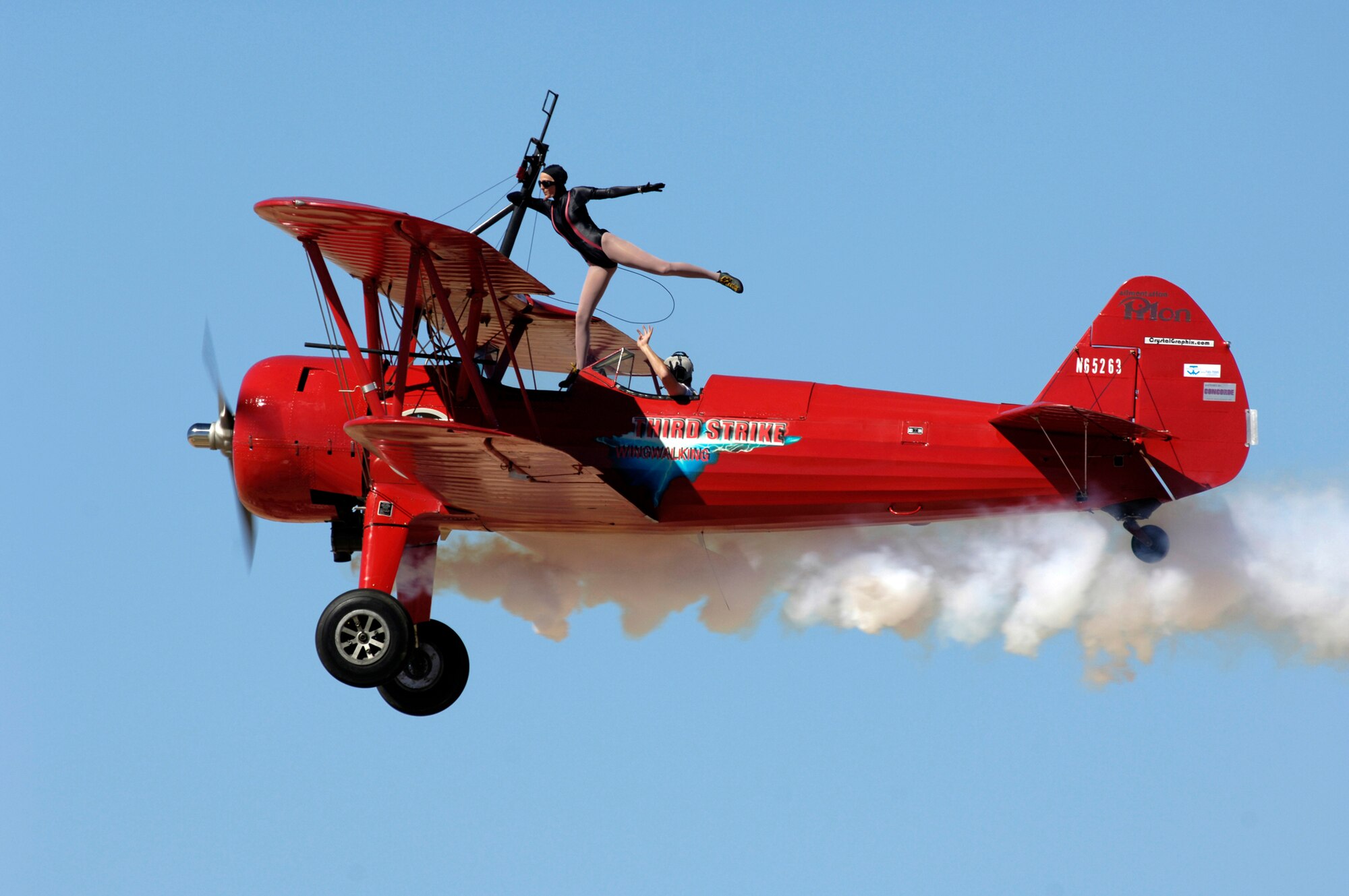 The Third Strike Wingwalker practices before the Holloman Air and Space Expo on October 26, 2007. The Holloman Air and Space Expo is a showcase of Air Force capabilities, the 49th Fighter Wing mission and the X Prize Foundation (U.S. Air Force Photo by SSgt Jason Colbert)