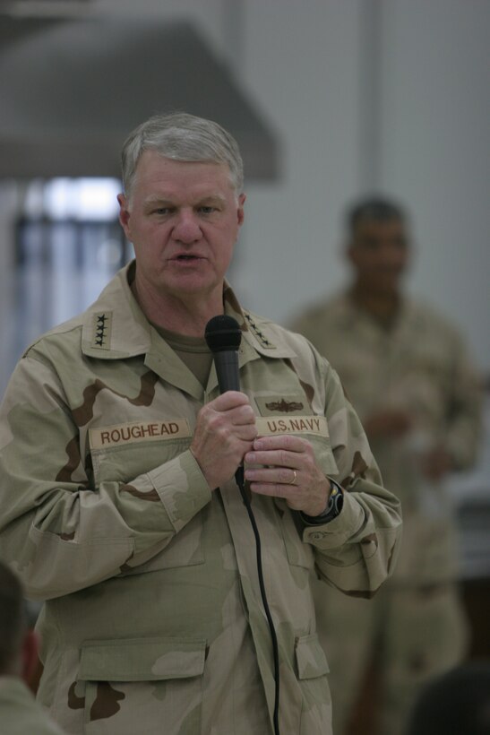 AL TAQADDUM, Iraq (Oct. 28, 2007) ? Admiral Gary Roughead, the Chief of Naval Operations, spoke with sailors of 2nd Marine Logistic Group (Forward) in a town hall meeting at the mainside dining facility here Oct. 28.  Roughead addressed topics such as the present and future of the Navy and answered a few questions.  Coming to Iraq has been Roughead?s first overseas trip since becoming the CNO more than a month ago.