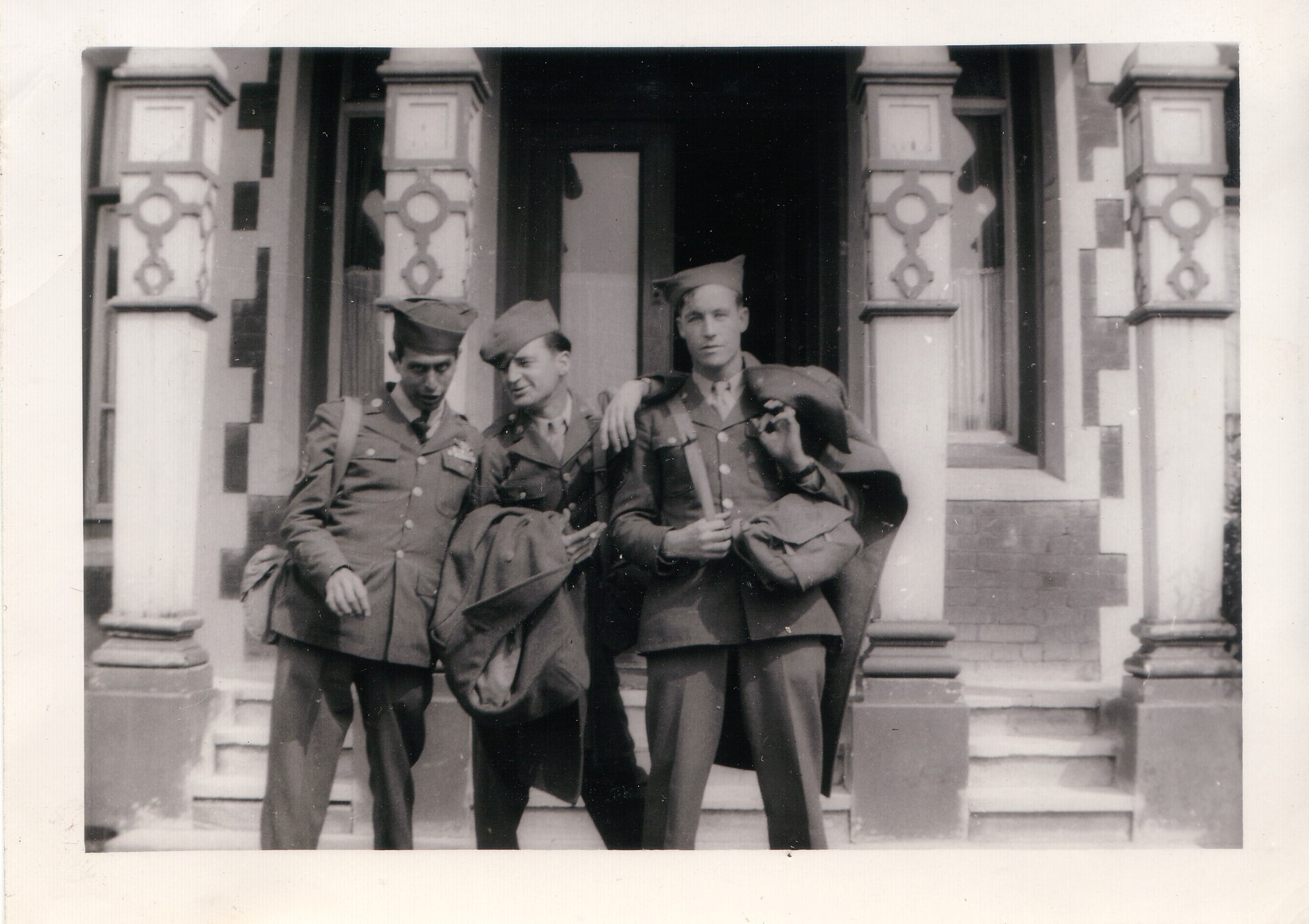 (L to r) SSgt. Froilan Hernandez, TSgt. Jack Duer and SSgt. Floyd Gibson of the 452nd Bombardment Group ham it up outside a pub while on leave in England. The men were part of an aircrew on the B-17 Flying Fortress Shot Snorter, which was shot down over Europe while being fl own by another crew. (Photo by Pleon Wood)