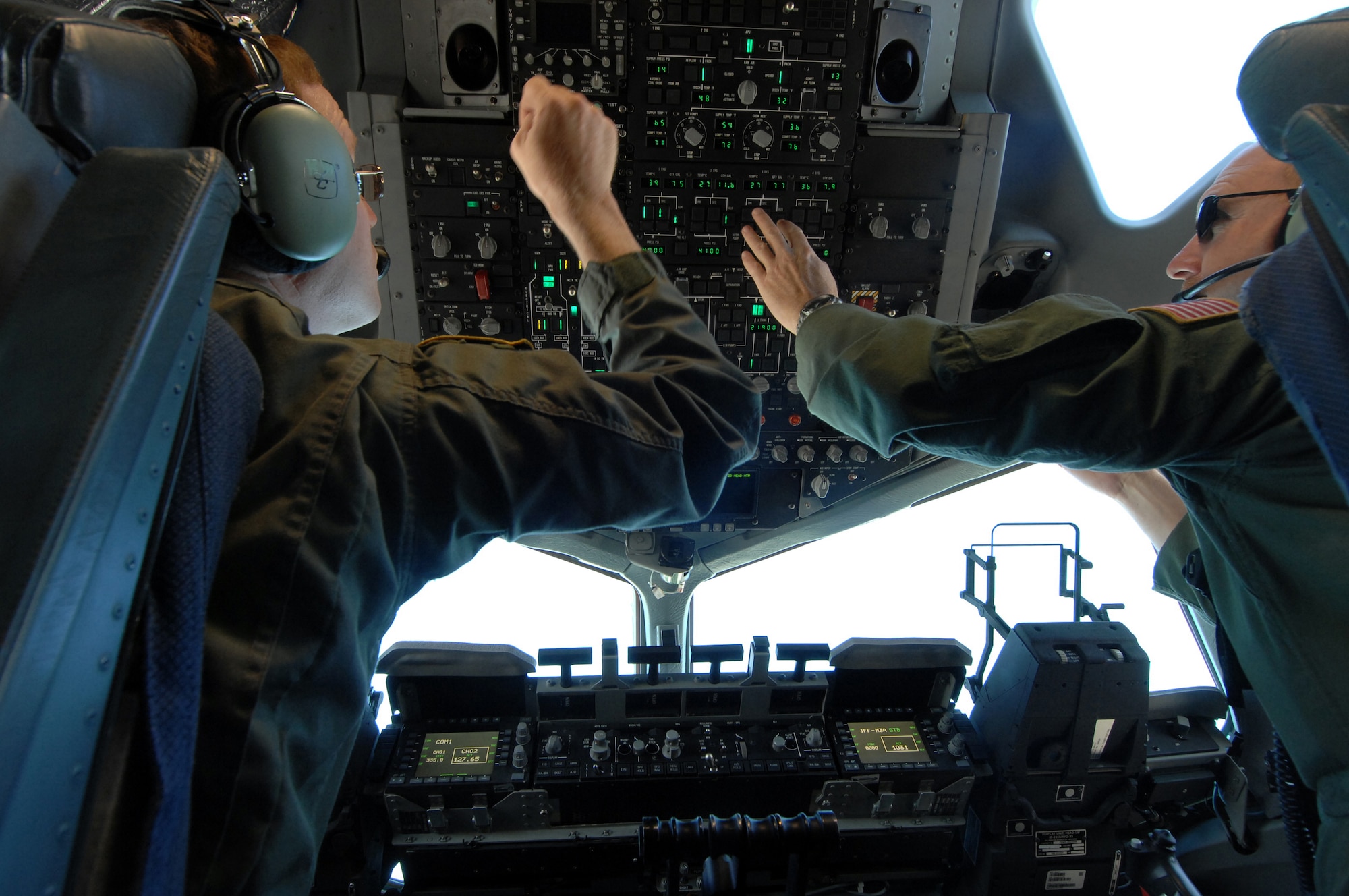 LtCol Keith Whyte, left and LtCol David Rand, pilots from the 729th AS out of March Air Reserve Base, Calif., preflight their C17A Globemaster to redeploy the 375th AES to Scott AFB, IL on Sunday October 28, 2007. The 375th AES was assigned to the Mobile Aeromedical Staging Facility at March Air Reserve Base, Calif., in support of medical relief efforts for the California wildfires. The 375th along with other aeromedical components from Pope AFB, N.C., and Travis AFB, Calif., were on standby to air-evacuate fire victims out of the local area. U.S. Air Force photo by MSgt Rick Sforza (RELEASED)