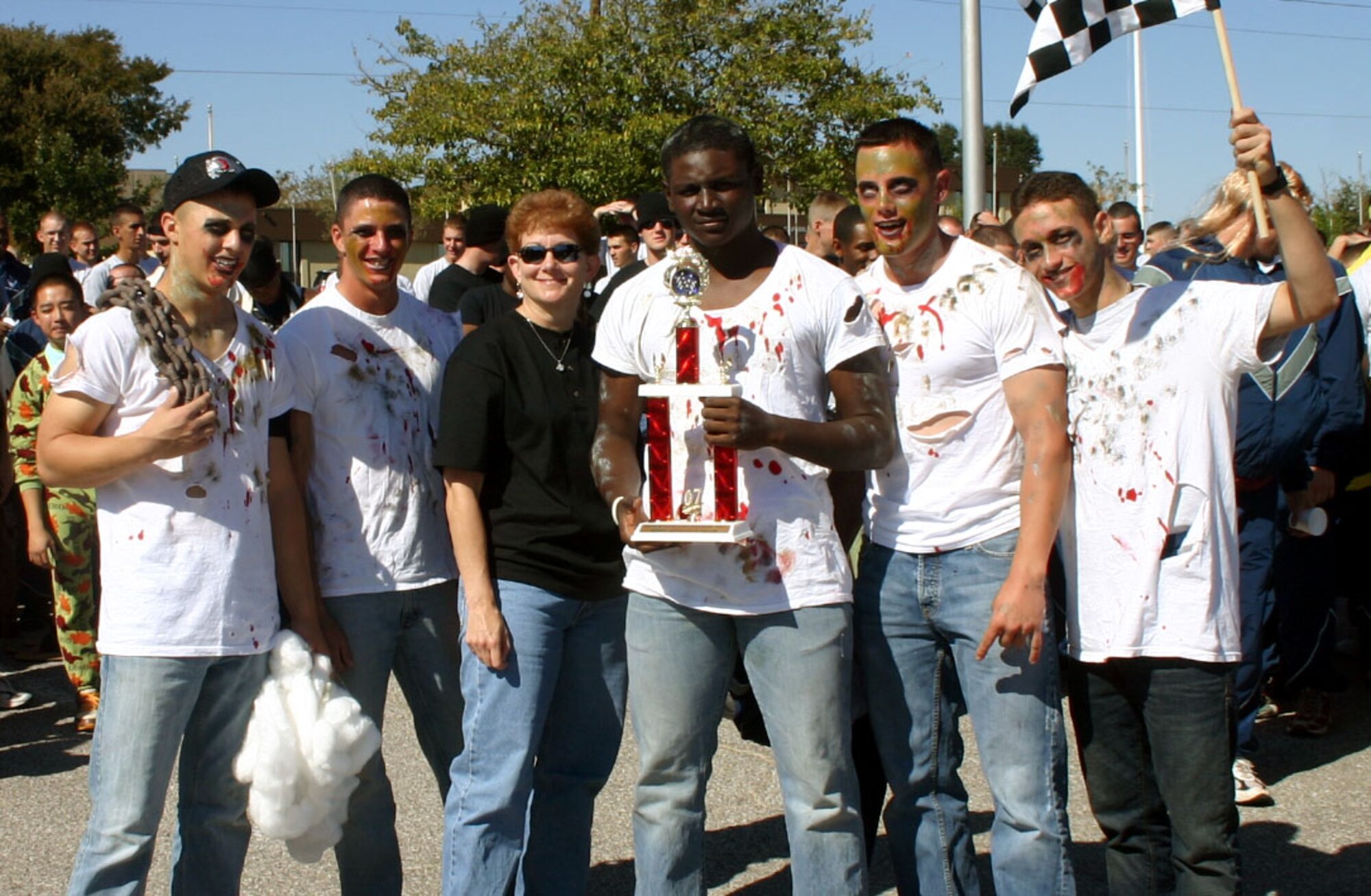 The 362nd Training Squadron's "Ramrods" team poses with 82nd Training Wing Command Chief Chief Master Sgt. Jeannie McLean after the Bed Race at the Community Activity Center Oct. 27. The team won trophies for most spirited team and best overall score. (U.S. Air Force photo/Staff Sgt. Tonnette Thompson)