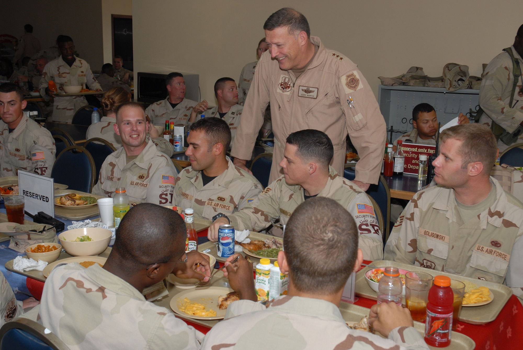 SOUTHWEST ASIA - Lt. Gen. Gary North, 9th Air Force and U. S. Central Command commander, visits with Airmen from the 379th Air Expeditionary Wing in Southwest Asia Oct. 27. (U.S. Air Force photo/Staff Sgt. Douglas Olsen)