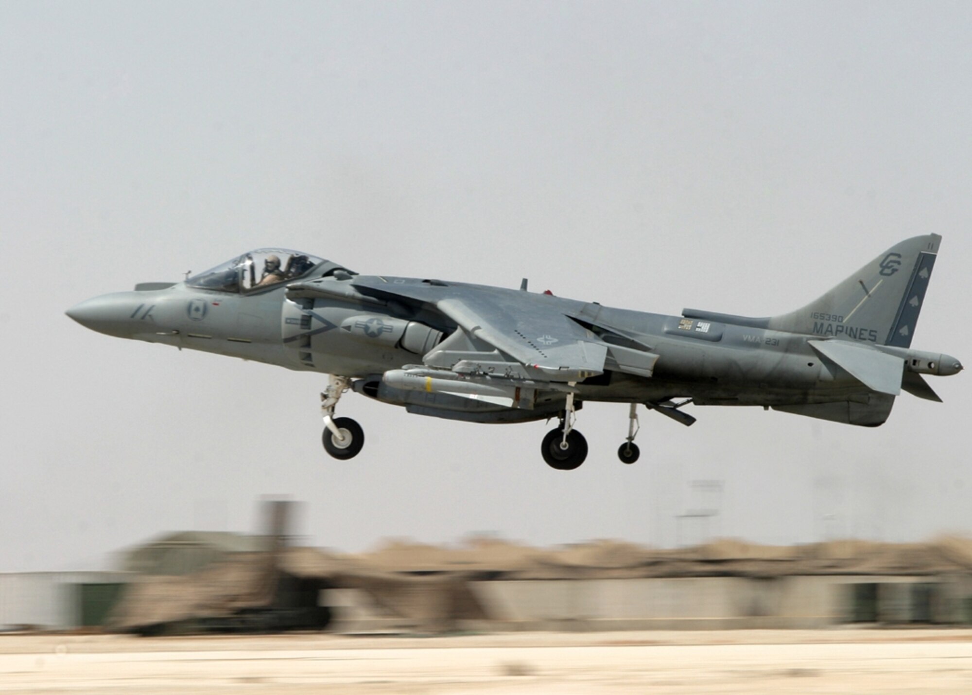 IRAQ - An AV-8B Harrier with Marine Fighter Attack Squadron 231 takes off on a combat mission from Al Asad Air Base in support of Operation Iraqi Freedom.  (U.S. Marine Corps photo by Sgt. Maryalice Leone, Released)
