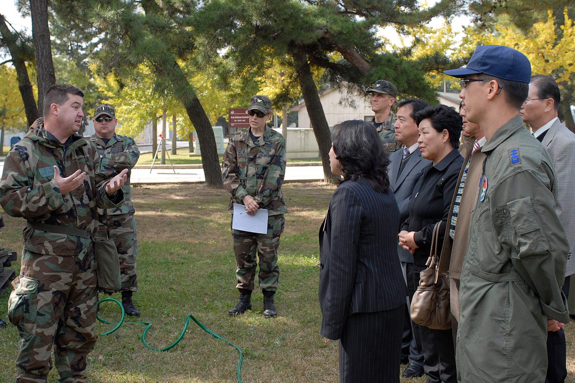 KUNSAN AIR BASE, South Korea –Lieutenant Alan Mirly from the 944th Medical Squadron, explains the mission of the Expeditionary Medical System to a group of Korean distinguished visitors here Oct. 29.  The deployment mission of 944th Medical Squadron, Air Force Reserve, is to build up an Expeditionary Medical System (EMEDS) +25 Theater Hospital. This is the first time the 8th Medical Group will exercise this capability since receiving the equipment seven years ago. (U.S. Air Force photo/Senior Airman Giang Nguyen)