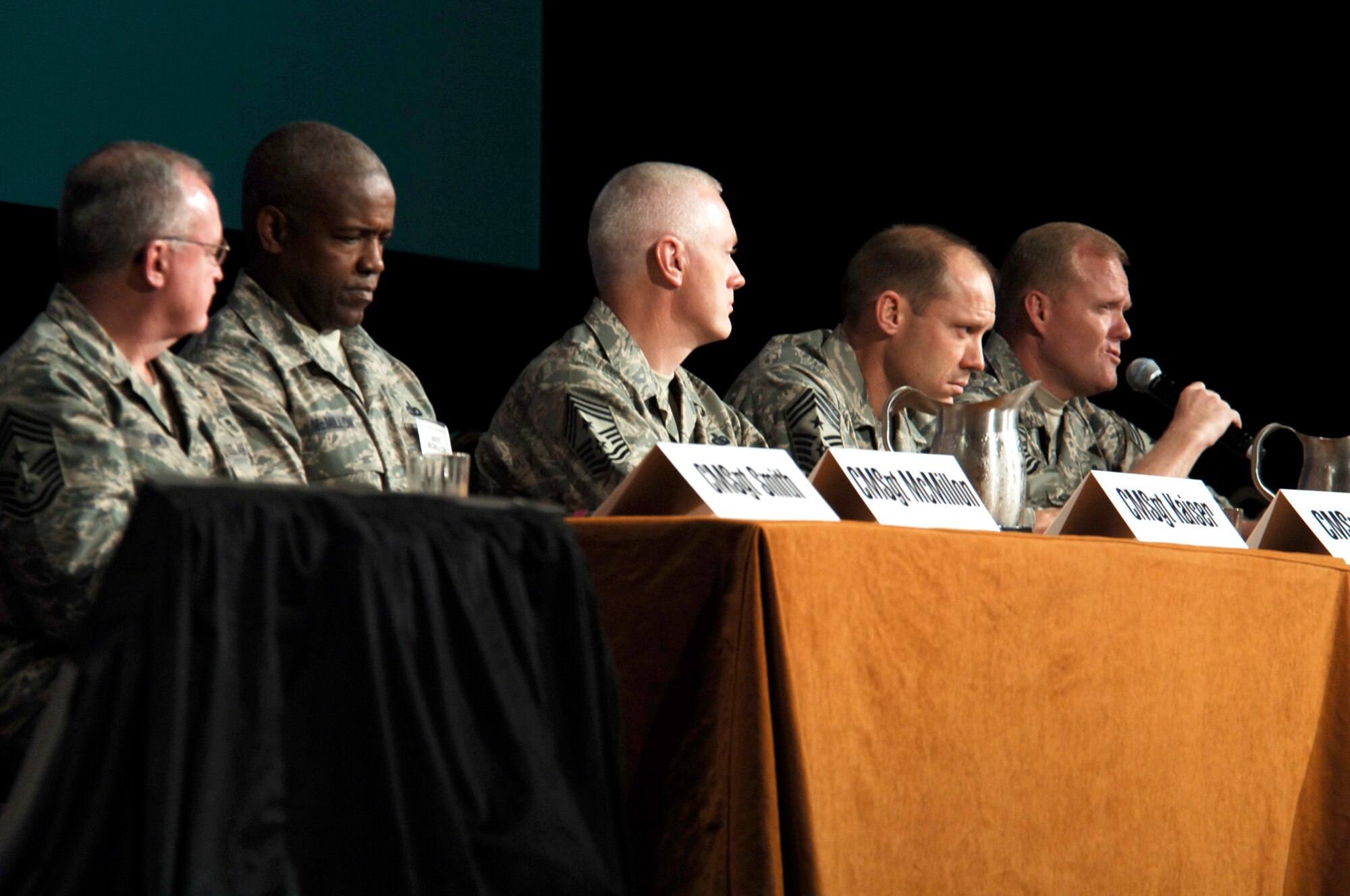 FAIRCHILD AIR FORCE BASE, Wash. -- From left to right, Command Chief Master Sergeants Richard Smith, Command Chief to the Air National Guard director; Brye McMillon, 18th Air Force; Richard Kaiser, 621st Contingency Response Wing; and James Cody, 6th Air Mobility Wing, were members of the command chief panel held during the Airlift Tanker Association. The panel, facilitated by Command Chief Master Sergeant Joseph Barron, Air Mobility Command, took questions on issues that Airmen currently face in today’s Air Force. (U.S. Air Force photo/Senior Airman Chad Watkins)