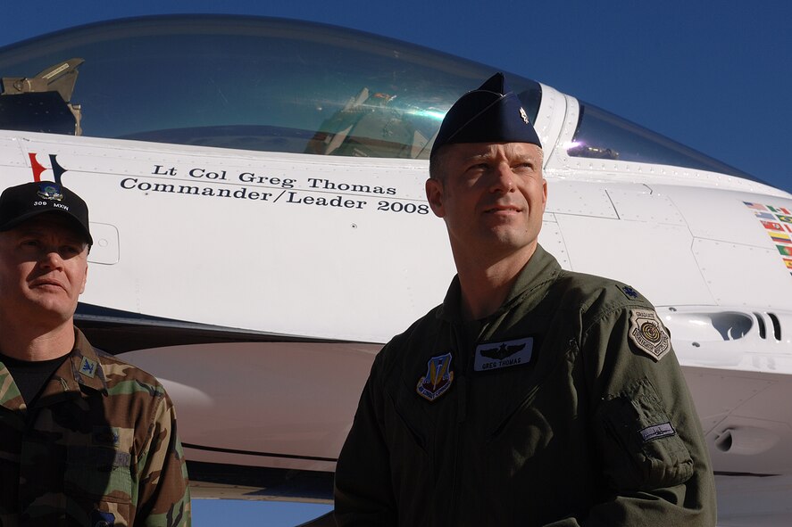 HILL AIR FORCE BASE, Utah-- Lt. Col. Greg Thomas, the incoming 2008-2009 U.S. Air Force Thunderbird aerial demonstration team commander/leader, provided comments to a crowd of media and spectators during the F-16 Block 52 ceremony held at Hill AFB, Utah, Oct. 24. This occasion marked the first delivery of the converted F-16. (U.S. Air Force photo by Alex R. Lloyd)