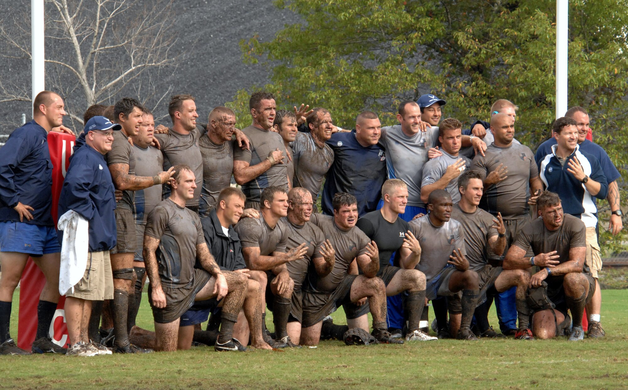 Members of the Air Force rugby team pose for a photo after their 22-5 victory over the Army during the 2007 Armed Forces Rugby Tournament, Oct. 27 at Marine Corps Base Camp Lejeune, N.C. (U.S. Air Force photo/Airman 1st Class Greg C. Biondo)