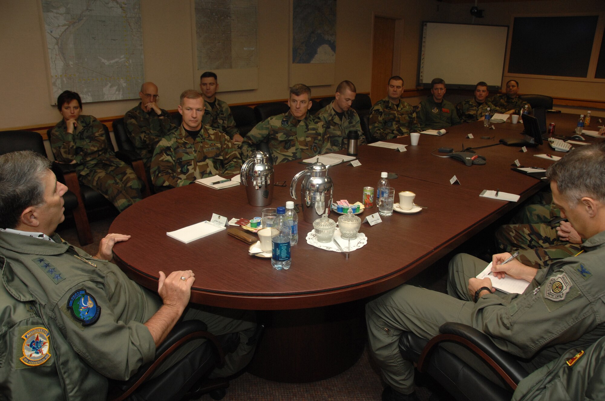 EIELSON AIR FORCE BASE, Alaska --  Gen. Paul Hester, Pacific Air Force commander, talks with all of the commanders of the 354th Fighter Wing Oct. 29, 2007 during a meeting. Gen. Hester is visiting each base in PACAF before his retirement which will be held next month. 
(U.S. Air Force photo by Airman 1st Class Christopher Griffin)
