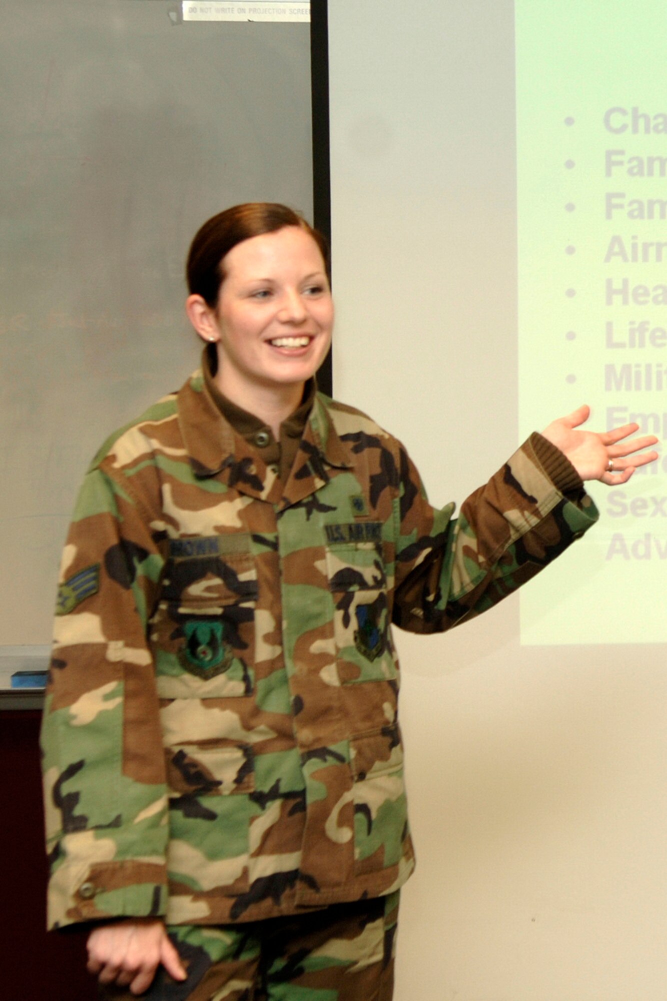 Hanscom AFB, Mass. -- Senior Airman Abbey Brown, 66th Medical Operations Squadron Mental Health technician, teaches a First Term Supervisor course at the Education and Training Center Oct. 29. Airman Brown developed the Mental Health Office’s system of Pre- and Post-Deployment Health Risk Assessment checklists and interviews. (U.S. Air Force photo by Jan Abate) 

