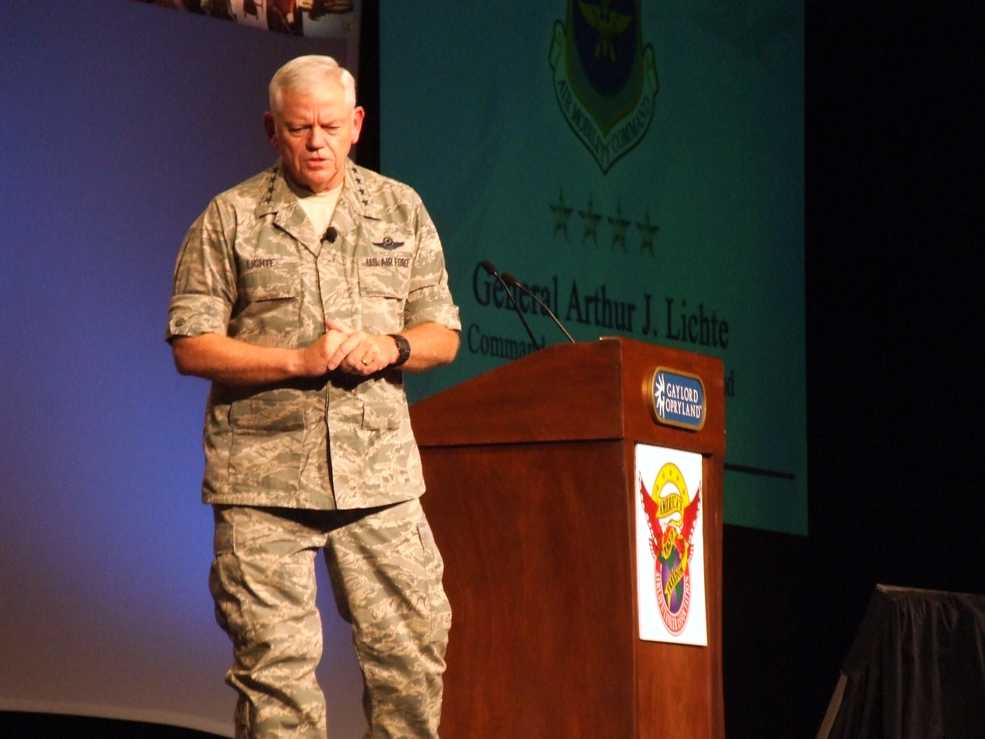 Gen. Arthur J. Lichte, Air Mobility Command Commander, gives his presentation to nearly 4,000 Airmen and guests at the Airlift/Tanker Association Convention in Nashville, Tenn., Oct. 27.  General Lichte gave the final presentation of the convention highlighting successes and the future of air mobility warriors around the world.  (U.S. Air Force Photo/Tech. Sgt. Scott T. Sturkol)
