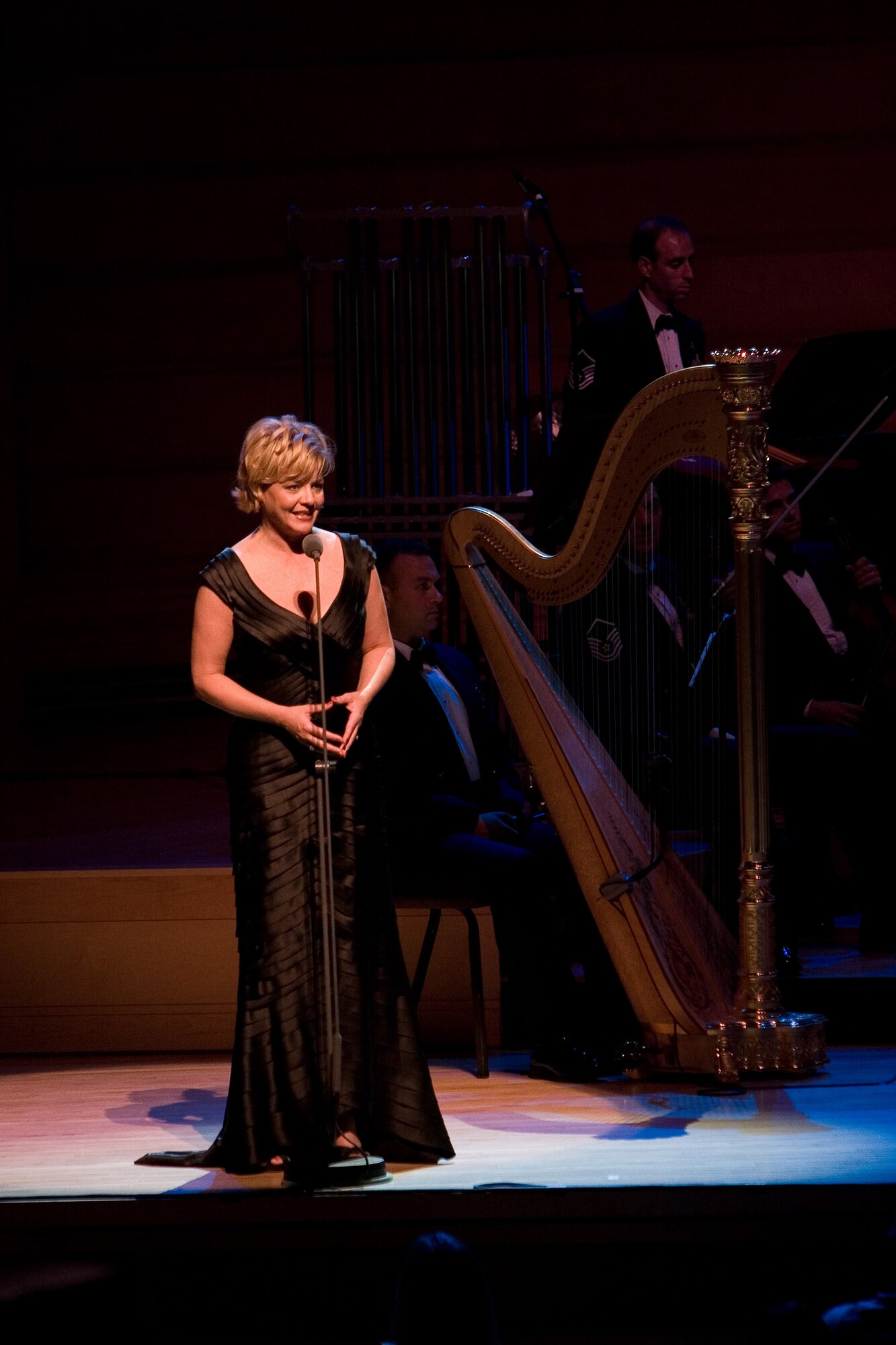 Veteran broadcaster and entertainer Mary Therese Tebbe hosts 'The 60th Anniversary of the Air Force: A Musical Celebration.' The U.S. Air Force Band produced the program at the Music Center at Strathmore in Bethesda, Md. June 30, for national broadcast on Veteran's Day 2007. (U.S. Air Force photo/Senior Master Sgt. Robert Mesite)
