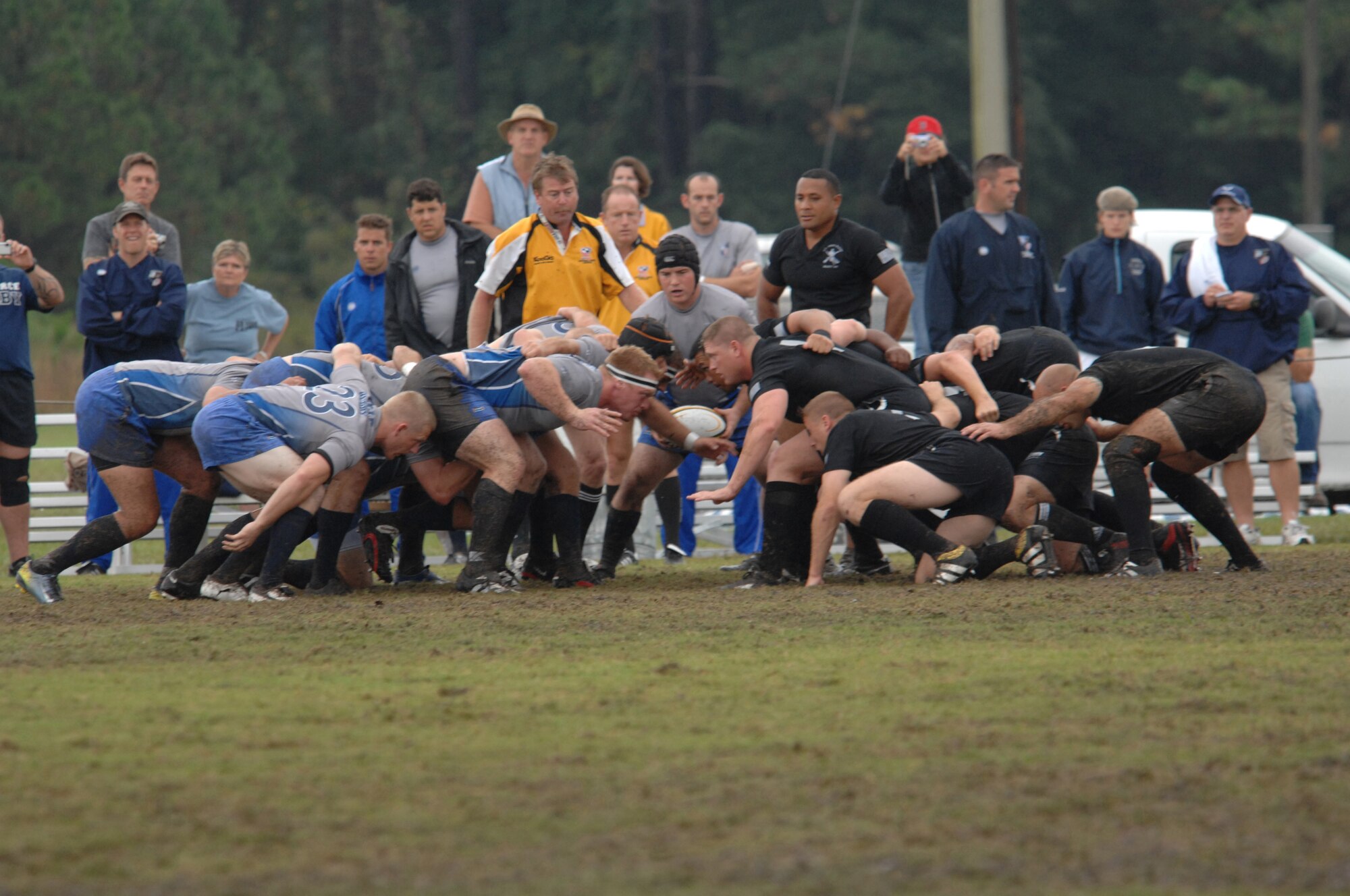 MARINE CORPS BASE CAMP LEJEUNE, N.C. - Players from the Air Force and Army face off in a scrum during the 2007 Armed Forces Rugby Tournament, October 27. The Air Force has won the tournament four consecutive years. (U.S. photo by Airmen 1st Class Greg C. Biondo)