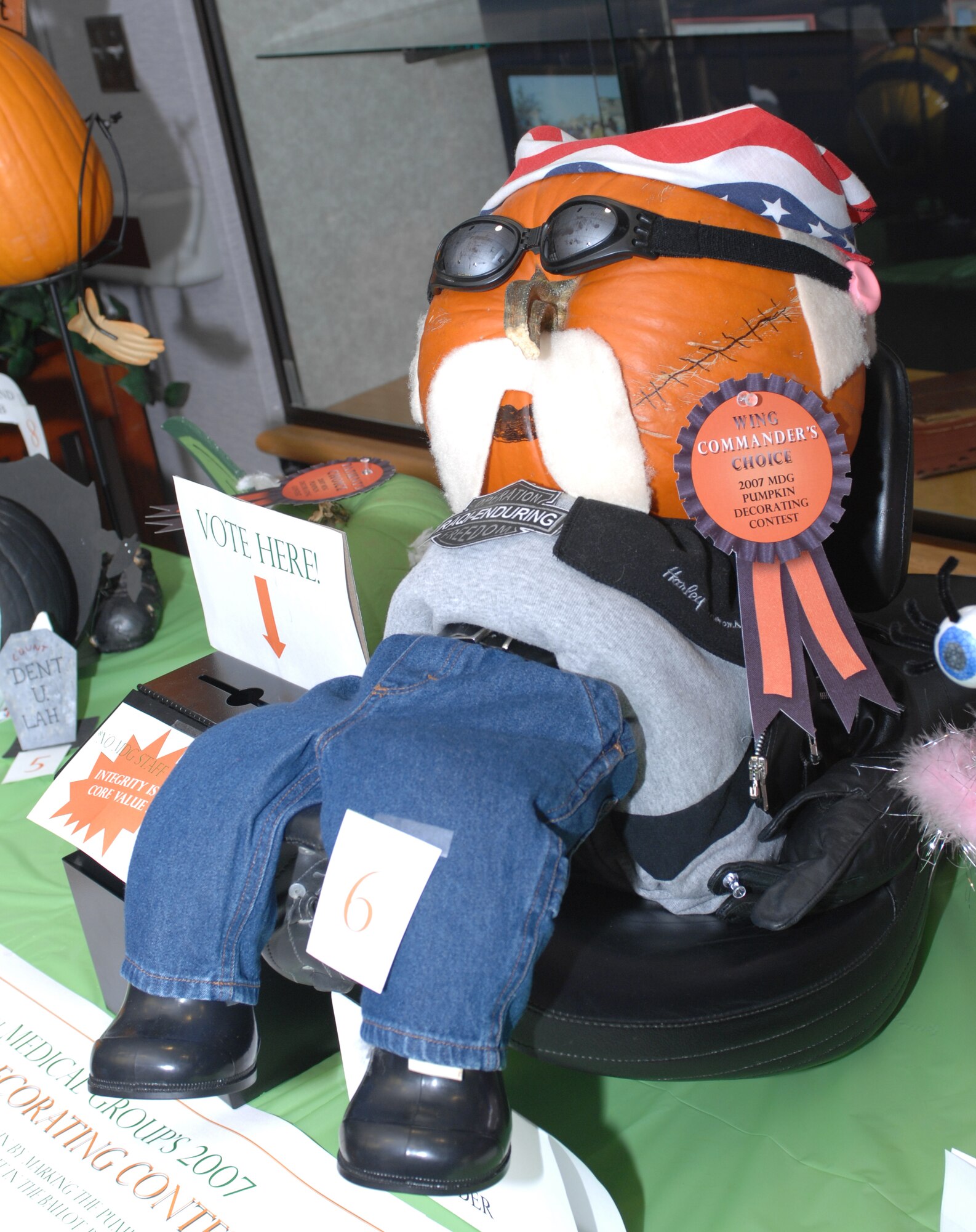 WHITEMAN AIR FORCE BASE, Mo. -- The pumpkin “Freedom Rider” designed by the TRICARE Office won the Commander's Choice Award during the 509th Medical Group's first-ever pumpkin contest award ceremony Oct. 31. (U.S. Air Force photo/Tech. Sgt. Samuel A. Park)