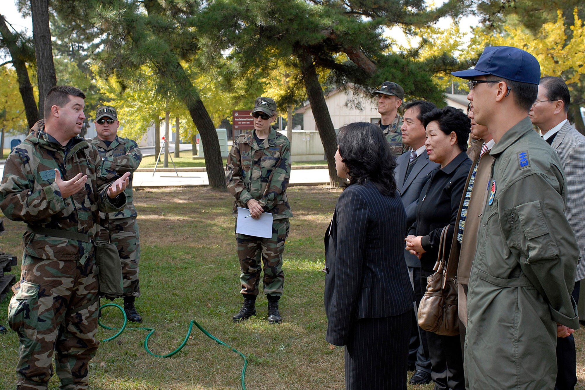 Lt. Alan Mirly explains the critical mission of the expeditionary medical system to visitors at Kunsan Air Base, South Korea Oct. 29. Lieutenant Mirly is deployed with the Air Force Reserve Command's 944th Medical Squadron. Their mission is to receive training with the expeditionary medical system 25-bed theater hospital.(U.S. Air Force photo/Senior Airman Giang Nguyen))