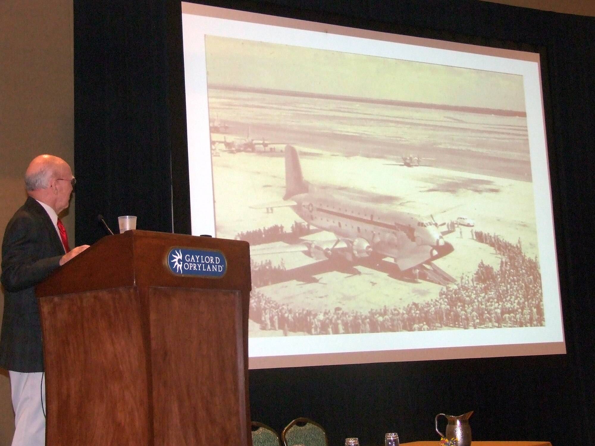 Retired Chief Master Sgt. Bill Cannon, a former loadmaster on the C-54 Skymaster, C-124 Globemaster II, C-130 Hercules and C-141 Starlifter and a key contributor to the building of the C-17 Globemaster III, gives his presentation, entitled "60-plus Years of Airlift and Tanker Legacies," during the 2007 Airlift Tanker Association Convention Oct. 27 in Nashville, Tenn.  Chief Cannon is a past president of the ATA and has more than 43 years of loadmaster experience. (U.S. Air Force Photo/Tech. Sgt. Scott T. Sturkol)