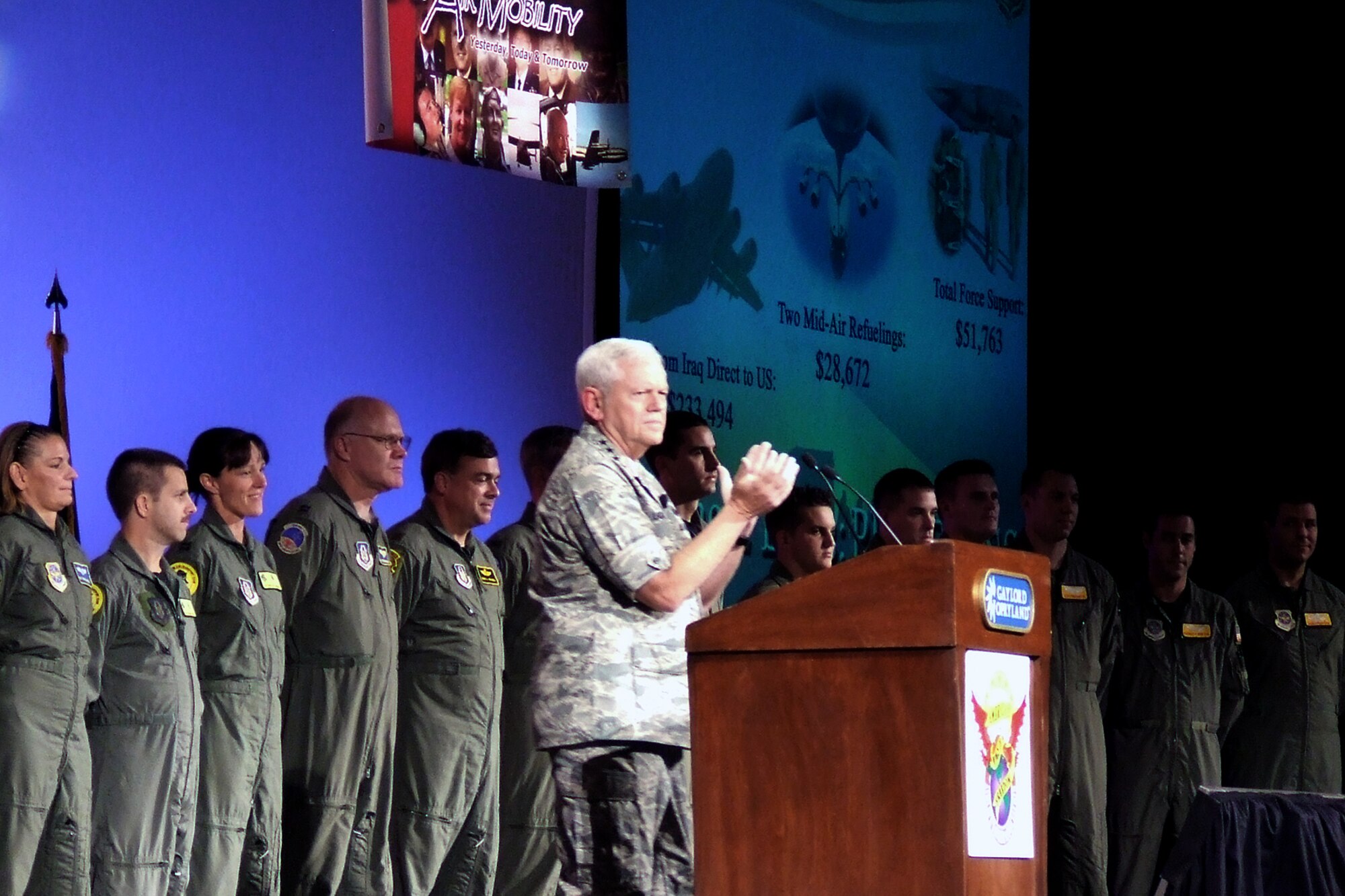 Gen. Arthur J. Lichte, Air Mobility Command commander, applauds aircrew personnel during his presentation at the 2007 Airlift/Tanker Association Convention in Nashville, Tenn., Oct. 27. The aircrew was responsible for an aeromedical evacuation mission which saved the lives of two Army soldiers. (U.S. Air Force photo/Tech. Sgt. Scott T. Sturkol) 