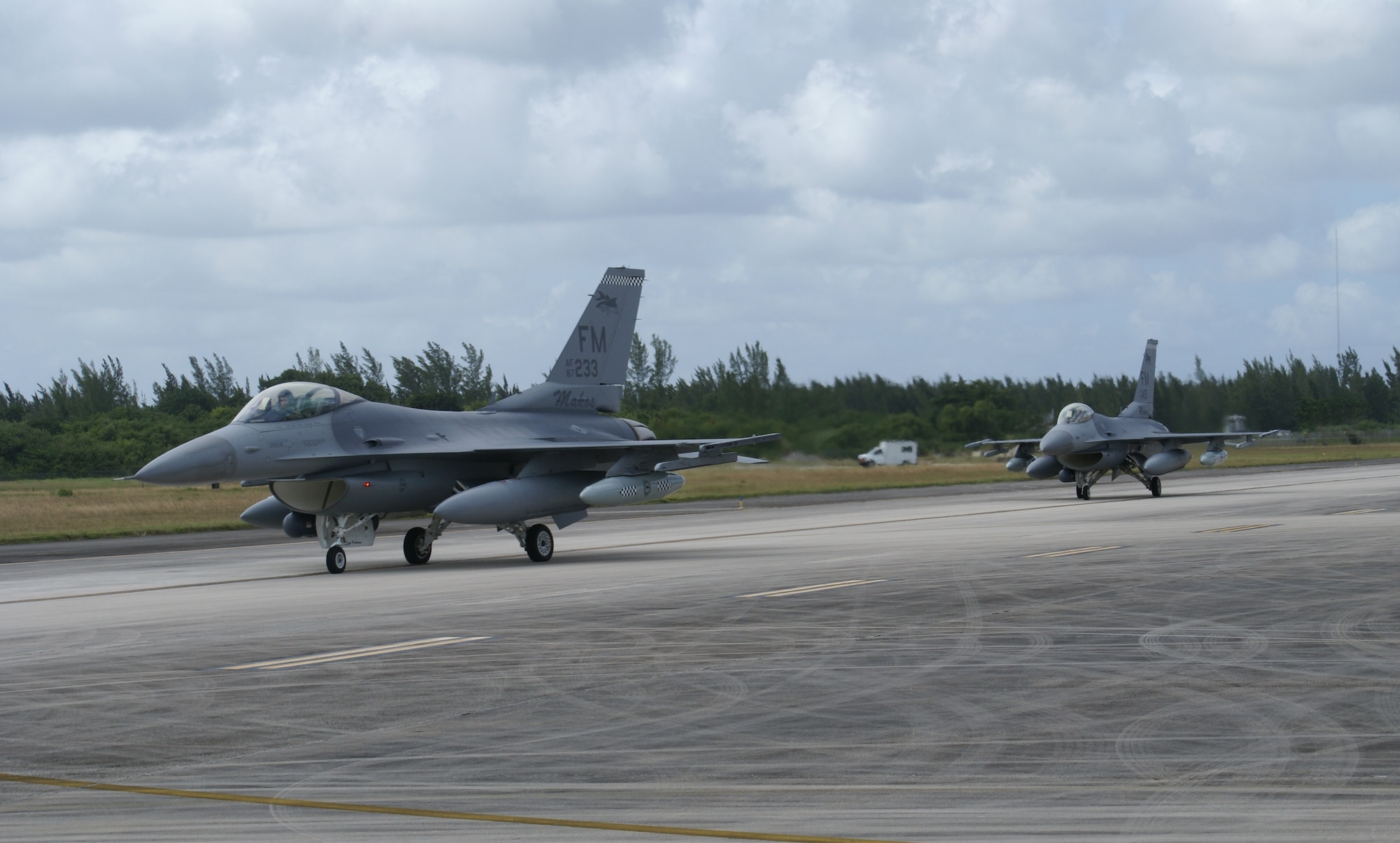 F-16 aircraft from the 482nd Fighter Wing, Homestead Air Reserve Base, Fla., taxi for takeoff Oct. 30, 2007.  A total of 24 F-16 fighter jets left Homestead ARB for Dobbins Air Reserve Base, Ga., as part of preparations for Tropical Storm Noel. The early evacuation allows pilots and maintenance personnel to return home to south Florida in time to care for their families before a storm. The movement of jets is a precaution to protect this valuable national asset. (U.S. Air Force photo/Tim Norton)