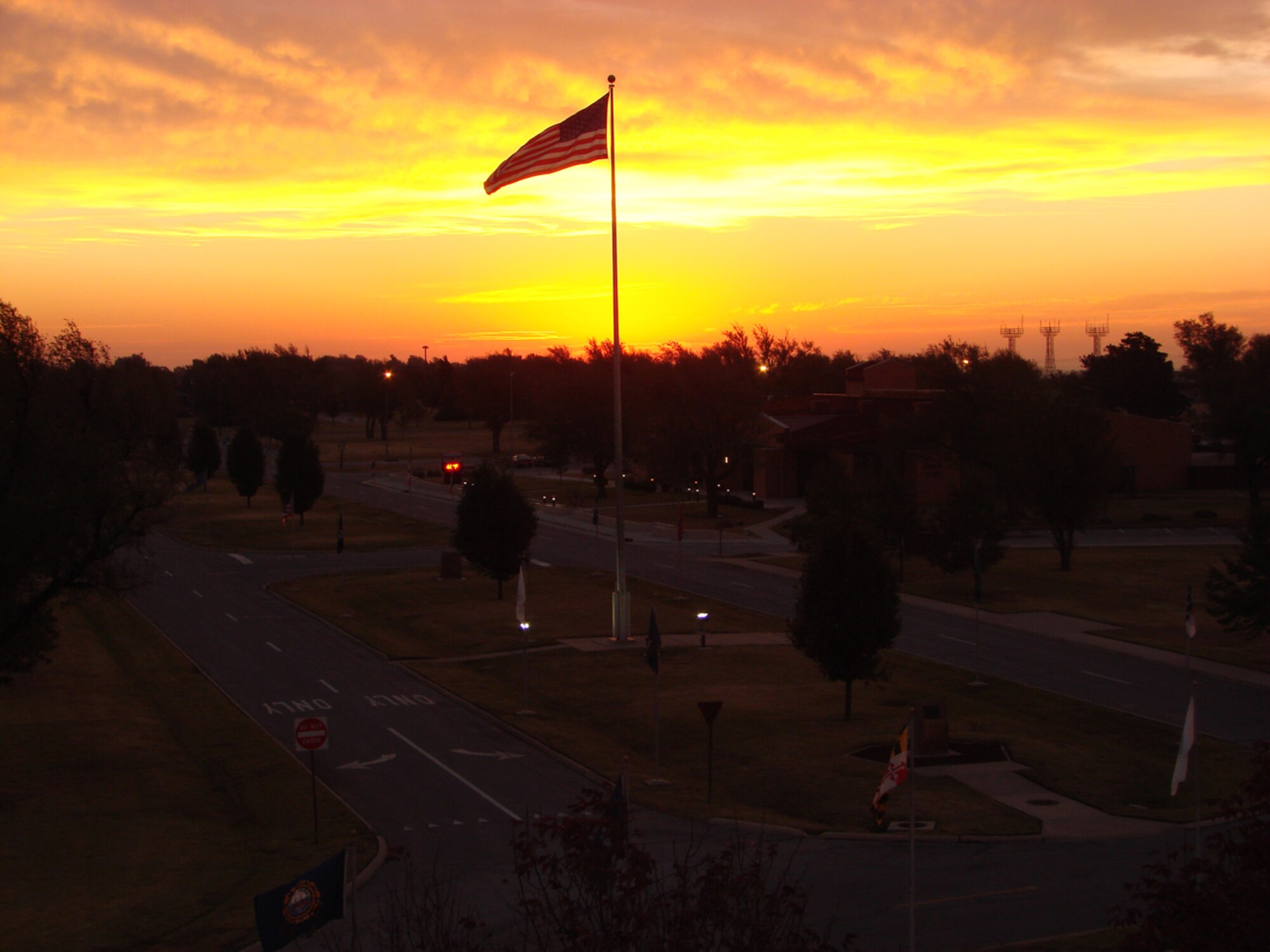 Halloween orange skies greet Team Vance members traveling to work Oct. 31. Drivers are reminded to be cautious of Halloween trick or treaters while driving this evening. (U.S. Air Force photo by Capt. Tony Wickman)