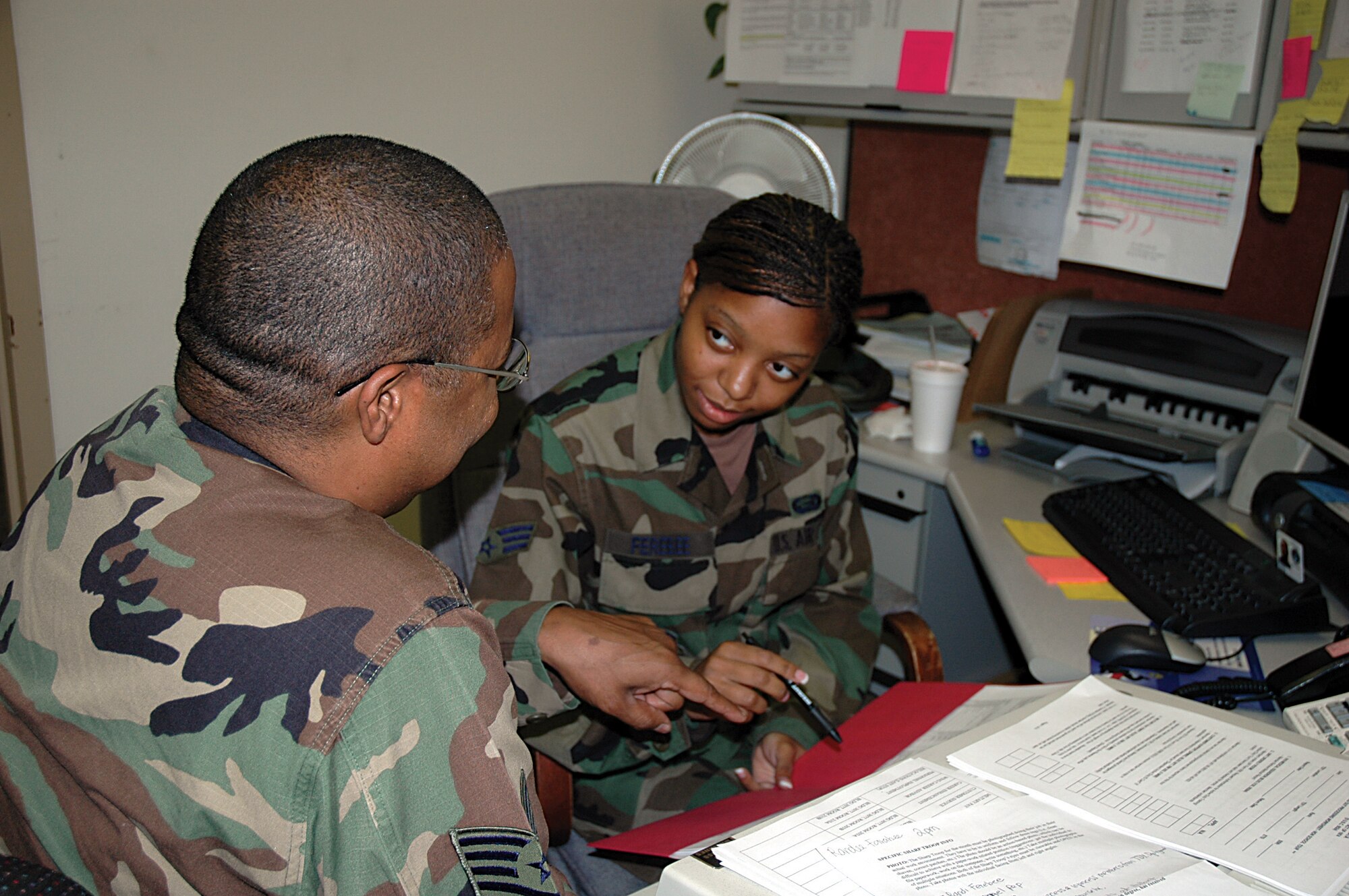 Airman 1st Class Randi M. Ferebee, 919th Mission Support Flight personnel journeyman, counsels a member on retirement planning and procedures. Airman 1st Class Ferebee assists members out-process and in-process from training, temporary duty stations and deployments. In addition to her regular duties, she is also an outbound assignment counselor. In her free time, she is pursuing a bachelor's degree from Okaloosa-Walton College in Niceville, Fla. She enjoys attending church,  running, and bowling. She is this month's Sharp Troop. (U.S. Air Force Photo/Staff Sgt. Elizabeth Dunning)