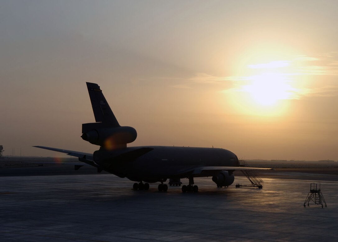 An Air Force KC-10 Extender from the 908th Expeditionary Air Refueling Squadron parks after an eight-hour sortie.  Coalition KC-10s and KC-135s provided 3.1 million pounds of fuel to 270 aircraft Aug. 30. (U.S. Air Force photo/Airman 1st Class Matt Cook)