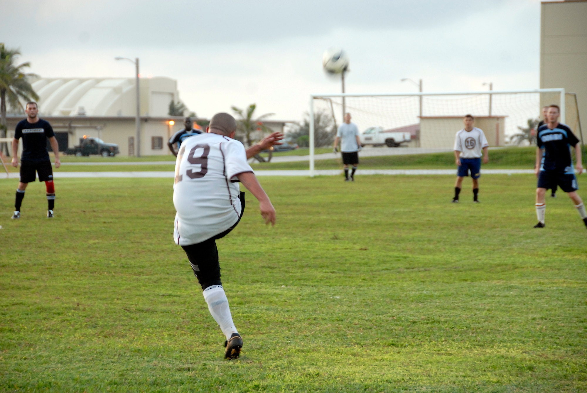 ANDERSEN AIR FORCE BASE, Guam - A Helicopter Sea Combat Squadron TWENTY-FIVE player fields a penalty kick against the 36th Communications Squadron intramural soccer team Aug. 28 at Andersen's soccer field.  HSC-25 won 4-2.  (Photo by Airman 1st Class Daniel Owen/36th Wing Public Affairs)