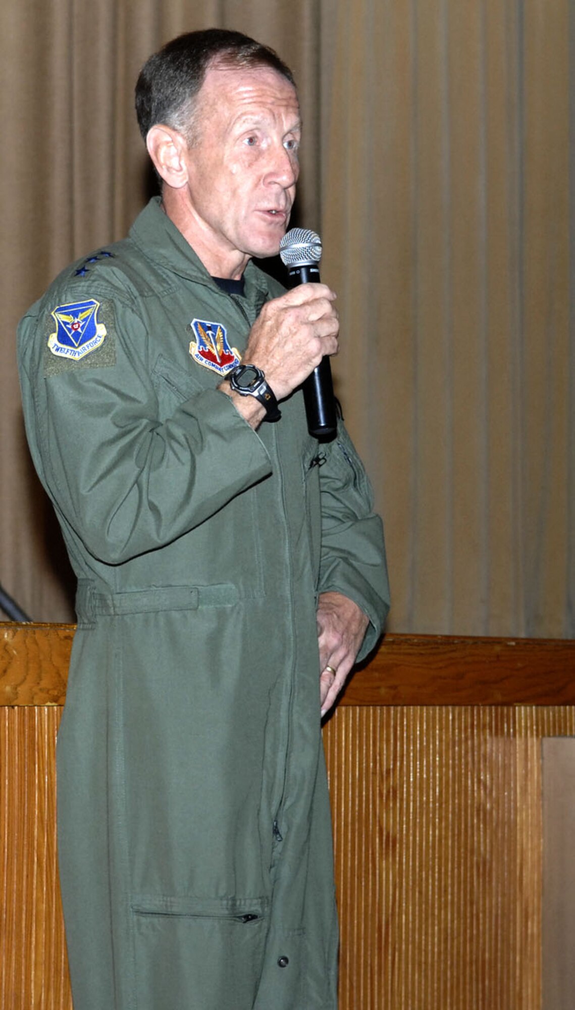 Lt. Gen. Norman Seip, 12th Air Force and Air Forces Southern commander, answered questions from Airmen about issues such as force shapping and deployments at his commander's call during his visit to Holloman Aug. 29. (U.S. Air Force photo/Airman 1st Class Rachel Kocin)