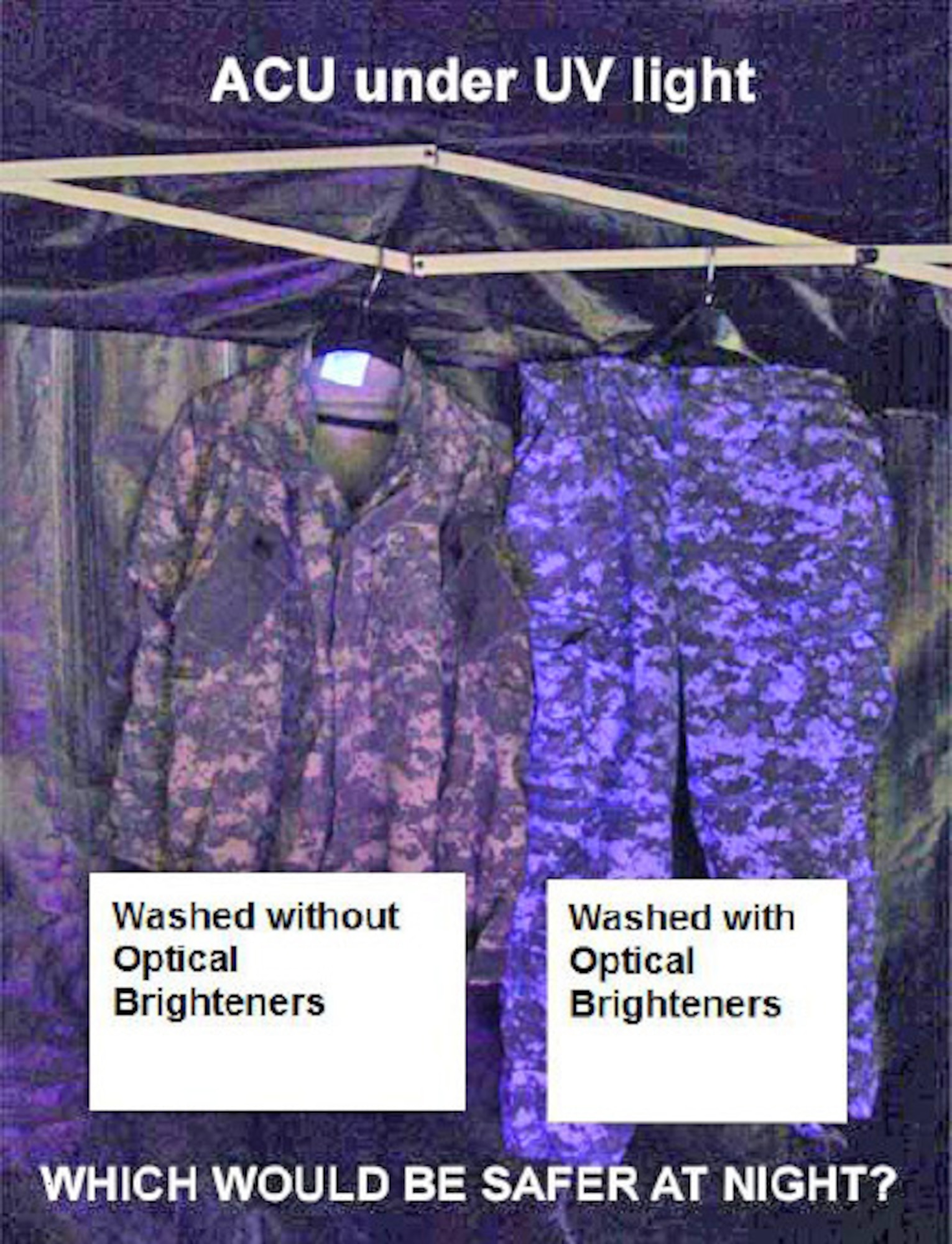 EIELSON AIR FORCE BASE, Alaska--Pictured, the Army Combat Uniform, with material identical to the Airman Battle Uniform, shows the difference optical brighteners make under ultra-violet lighting. Laundry detergents with additives known as "optical brighteners" make the material of the ABUs more detectable by night vision equipment and make the ABU more visible in a low-light environment of any kind. Optical brighteners are chemicals that absorb the ultraviolet and violet region of colors in a fabric. They trick the eye into seeing a brighter shade and reflect more light. (file photo)