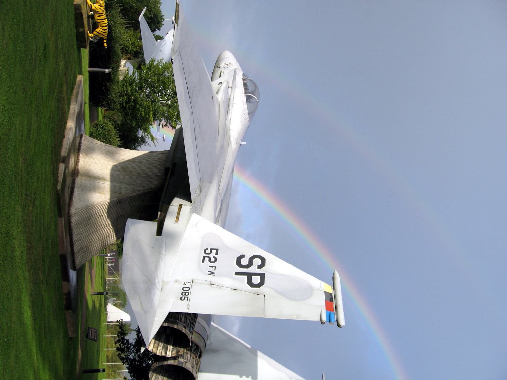 SPANGDAHLEM AIR BASE, Germany – A rainbow lines the sky behind an F-15 at the Spangdahlem Air Base air park after a rain shower. This F-15 with the tail number 74-0085 was retired from the 36th Tactical Fighter Wing at Bitburg Air Base in 1989 after being used as a maintenance trainer. (U.S. Air Force photo/Staff Sgt. Tammie Moore)