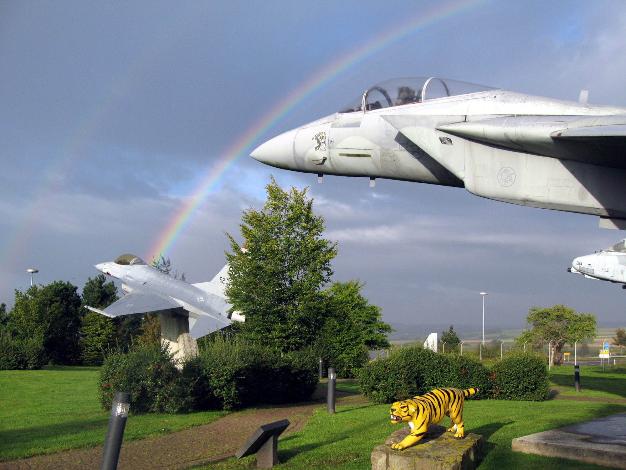 SPANGDAHLEM AIR BASE, Germany – A rainbow covers the air park at Spangdahlem Air Base, which displays an A-10, F-16, F-15 and F-4. The park was opened in September 1997 to allow base personnel to reflect on the history, honor and mission of past Saber team members. (U.S. Air Force photo/Staff Sgt. Tammie Moore)