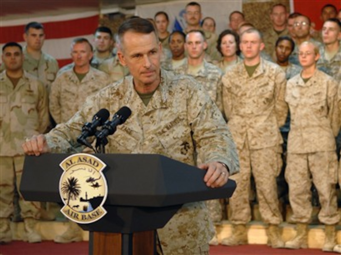 Chairman of the Joint Chiefs of Staff Gen. Peter Pace, U.S. Marine Corps, speaks to the troops in Al Asad, Iraq, on Sept. 3, 2007.  