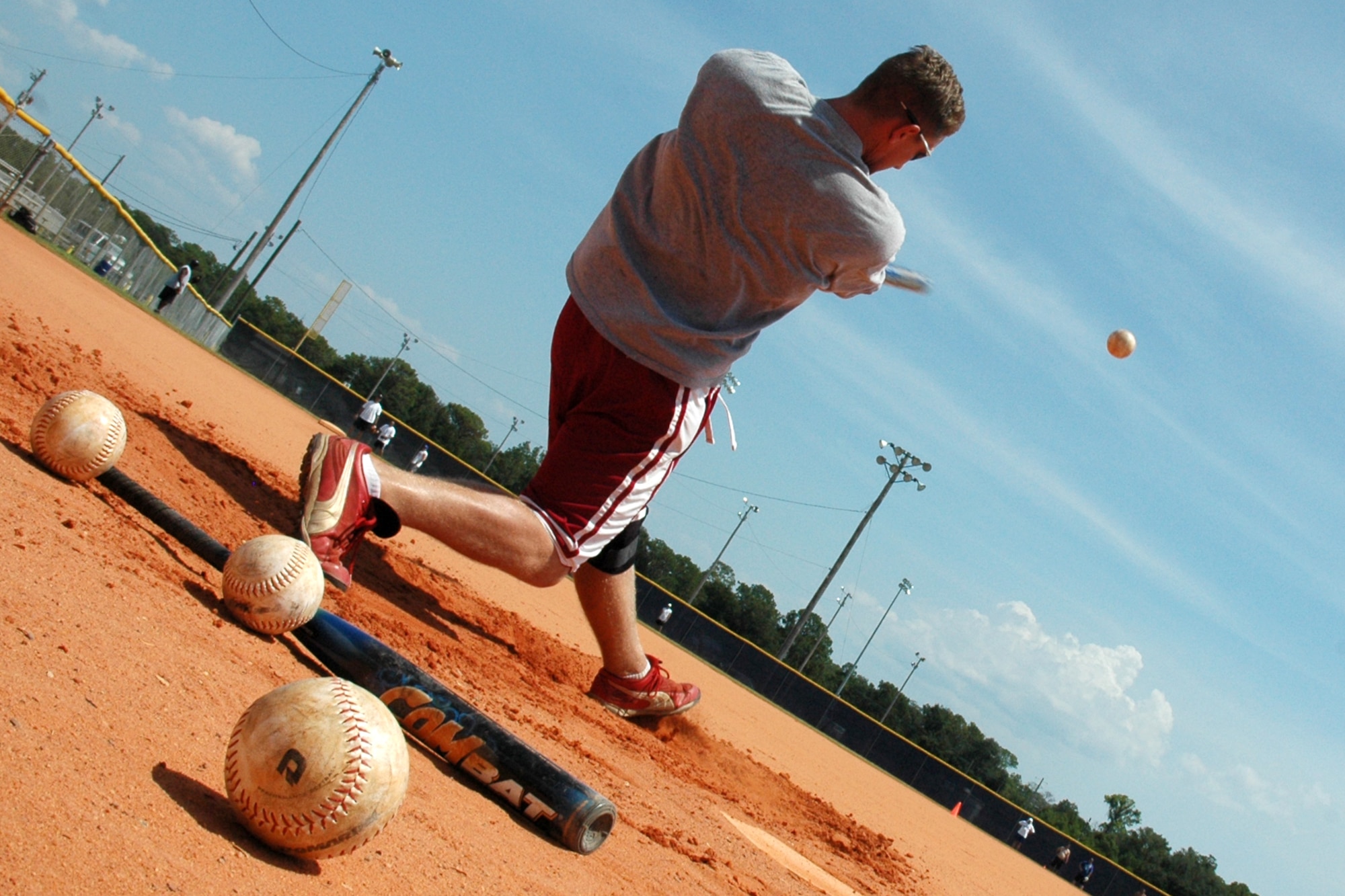 EGLIN AIR FORCE BASE, Fla. -- Randy Wilhide, Seymour-Johnson Air Force Base, N.C., takes batting practice during an afternoon practice session for the All-Air Force Softball team preparing for the Armed Forces Softball Tournament Sept. 12 through 14 here. The Air Force has won three consecutive championships against the U.S Army, U.S. Navy and the U.S. Marine Corps and four of the last five. This is the fourth year Wilhide has placed for the All-Air Force team. (U.S Air Force photo by Staff Sgt. Mike Meares)