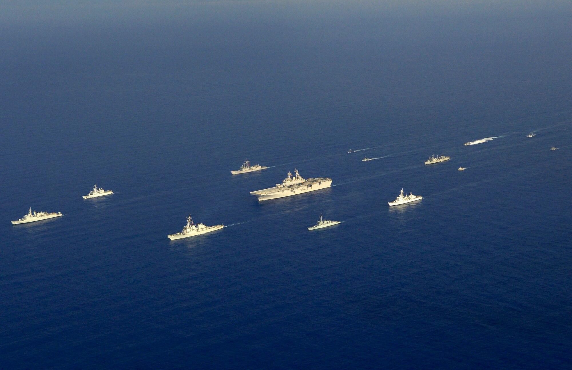 Ships from U.S. and other nations take part in a photo exercise (PHOTOEX) off the atlantic coast of Panama Friday during PANAMAX 2007. Civil and military forces from 19 countries will participate in PANAMAX, a U.S. Southern Command joint and multi-national training exercise co-sponsored with the Government of Panama, in the waters off the coasts of Panama and Honduras. U.S. photo by Mass Communication Specialist 2nd Class Todd Frantom
