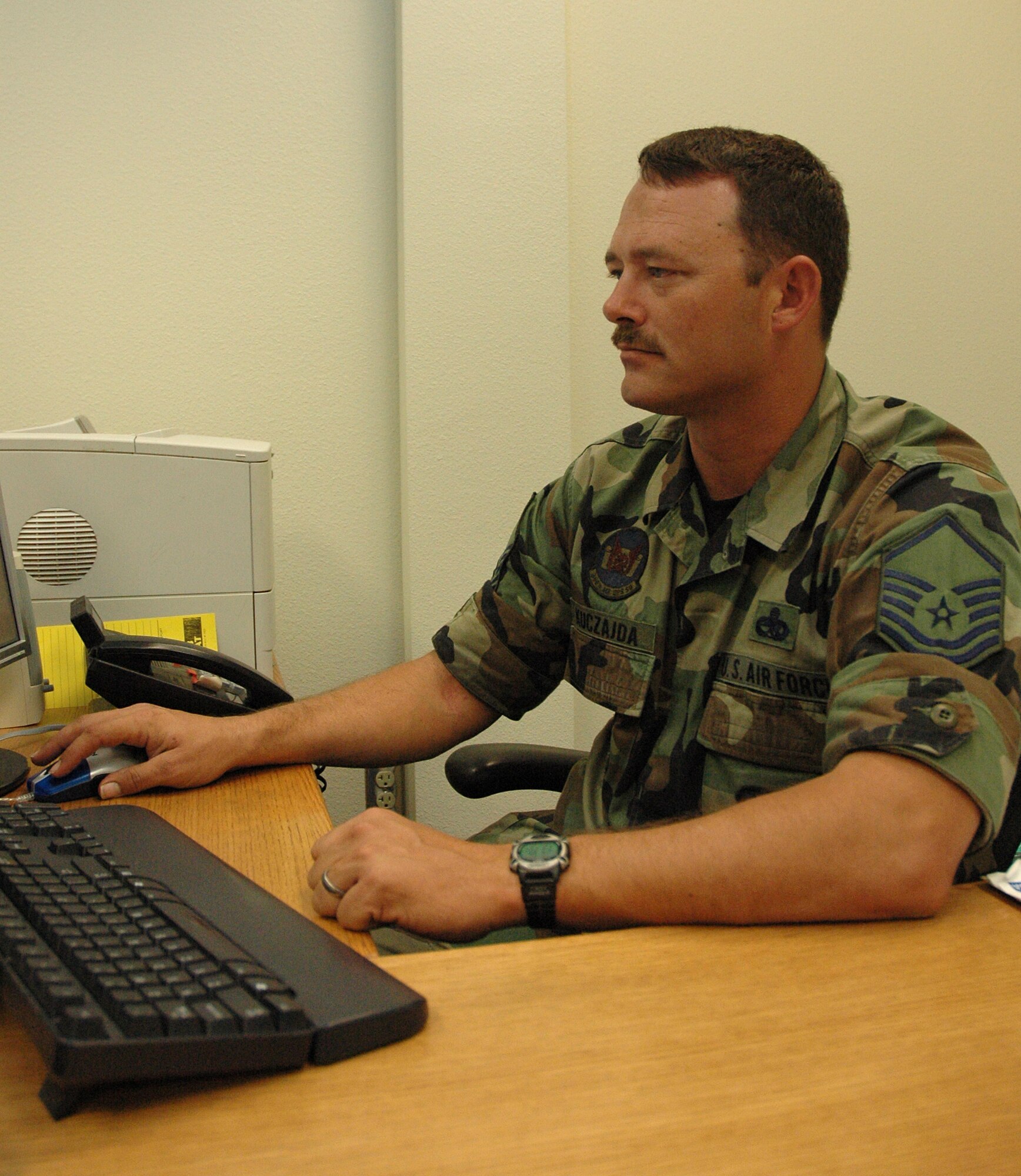 MOUNTAIN HOME AIR FORCE BASE, Idaho -- Master Sgt. Richard Kuczajda serves as the Maintenance Operations center assistant flight chief with the 366th Maintenance Operations Squadron. (U.S. Air Force Photo/ Staff Sgt. Rodney D. Ivey)

