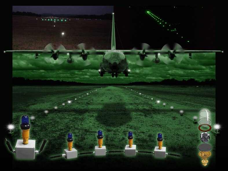 Engineers at the Air Force Research Laboratory's Human Effectivness Directorate have developed a portable airfield lighting system using light emitting diodes rather than conventional incandescent bulbs. The dual-mode runway edge lights can be switched from visible to infrared light, (Graphic by Gary A. Rankin AFRL/HEC)