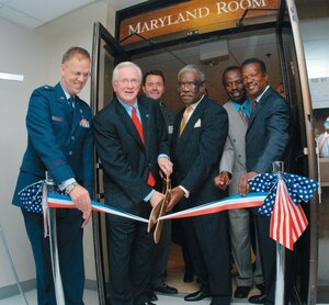 M.H. Jim Estepp, Greater Prince George's County Round Table president, and Samuel H. Dean, Prince George's County Council chairman, cut the ribbon opening the Maryland Room September 2005.