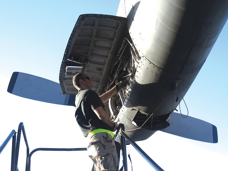 Staff Sgt. Jon R. Lukowski, 919th Maintenance Squadron jet engine mechanic, inspects the speed sensitive valve filter of an MC-130E Combat Talon I aircraft as part of a 30-day desert operations inspection in Southwest Asia. Due to extreme weather conditions, the inspection is conducted to ensure aircraft combat readiness at all times. (U.S. Air Force Photo \ Tech. Sgt. Terry Haney)
 