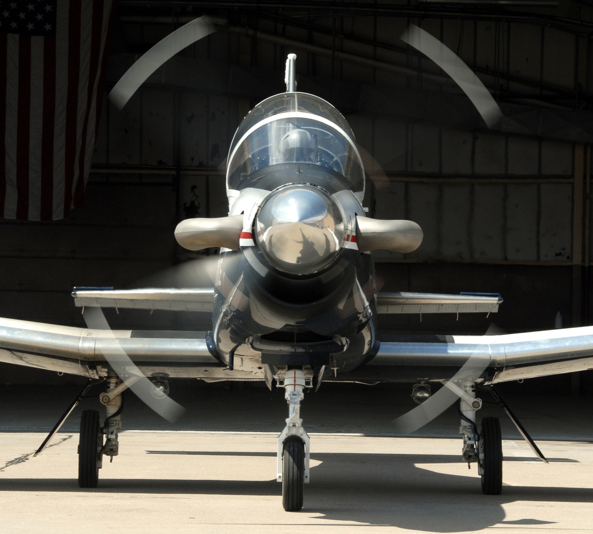 CANNON AIR FORCE BASE, N.M. -- A T-6A Texan II  prepares to taxi to the runway for a flight at Cannon Air Force Base, N.M., on Aug. 24.  Two Texan IIs and their pilots visited Cannon AFB on Aug. 23-24 to demonstrate the capabilities of the T-6 and drum up interest among 27th FW F-16 pilots to become instructor pilots.  (Air Force photo by Chief Master Sgt. Gary Emery)