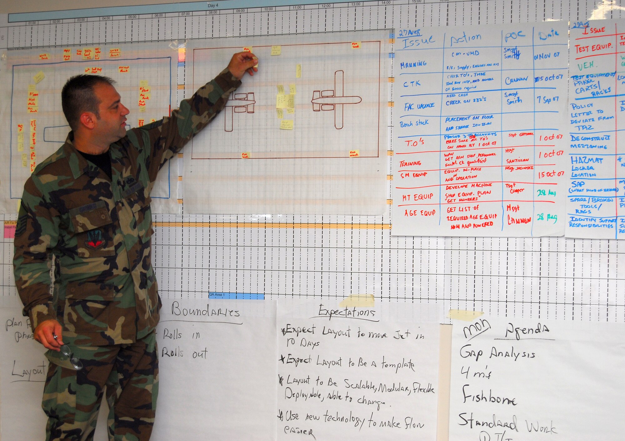 Master Sgt. Steven Grimes places a tool marker on a floor plan for the new A-10 phase dock Aug. 29 at Moodt Air Force Base, Ga. Members of the 23rd Wing and outside consultants gathered to perform a process improvment evaluation on the phase section. Sergeant Grimes is assigned to the Air Combat Command A-10 maintenance depot liaison. (U.S. Air Force photo/Tech. Sgt. Parker Gyokeres) 

