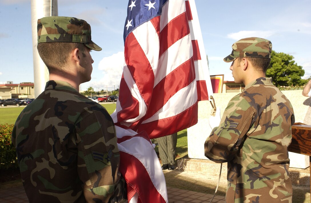 ANDERSEN AIR FORCE BASE, Guam - Airmen from Andersen's Honor Guard perform
retreat during the base plaque rededication ceremony held at 4:45 p.m. today
at the 36th WG Headquarters Building.  The base held the rededication
ceremony to unveil the original plaque that named Andersen after its
namesake Brig. Gen. Roy Andersen.  General Andersen was a former chief
of staff of the Army Air Forces in the Pacific who died in an aircraft
accident over the Pacific Ocean in 1945.  The plaque was originally
dedicated in 1949 when North Field was renamed Andersen Air Force Base.
The event was one of many held during Guam's Air Force Week to honor the
Air Force's 60th Anniversary. (Photo by Senior Airman Sonya Padilla/
36th Wing Public Affairs)

