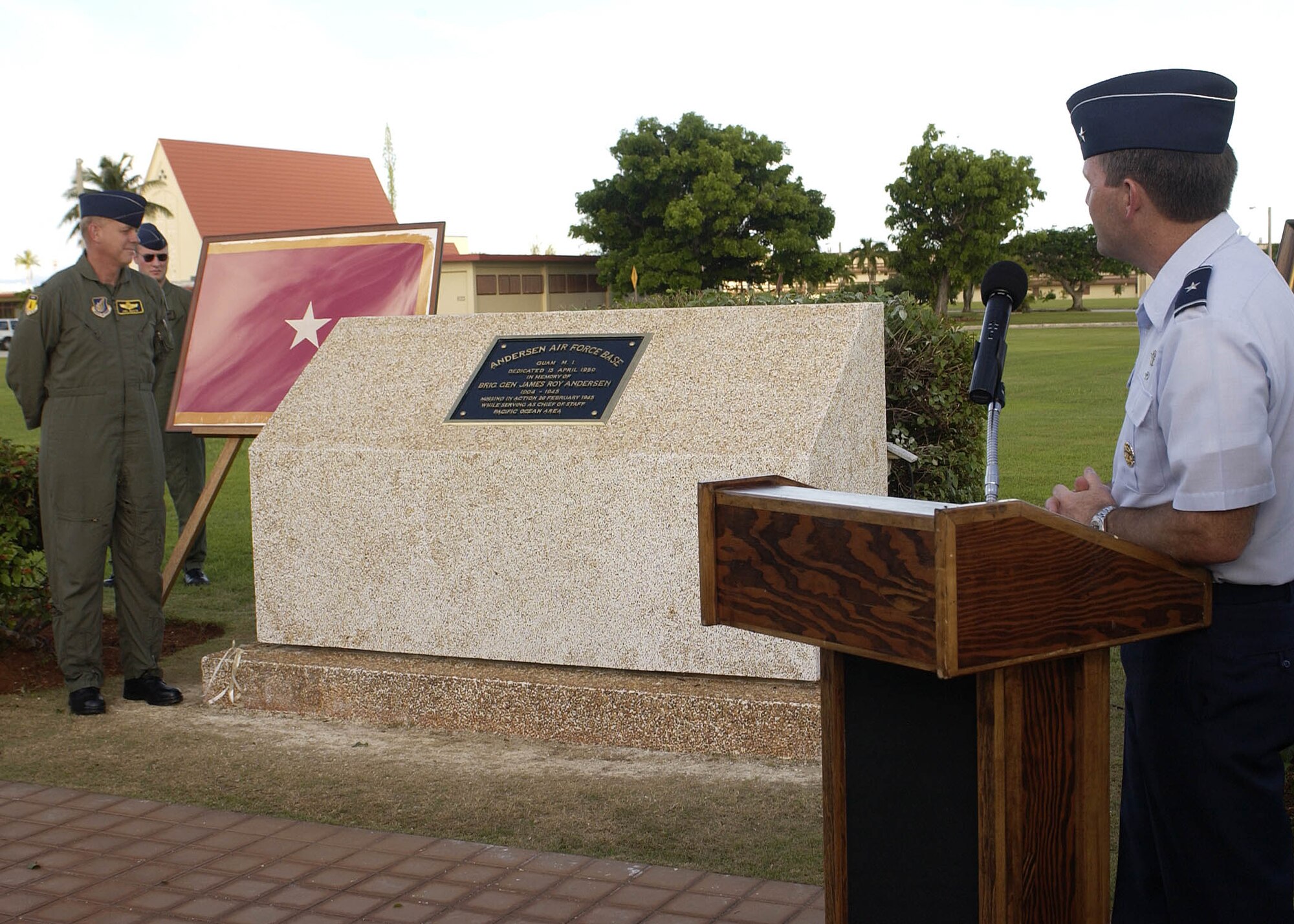 ANDERSEN AIR FORCE BASE, Guam - Brig. Gen. Doug Owens, 36th Wing commander, was the guest speaker at Andersen's plaque rededication ceremony held at 4:45 p.m. today at the 36th WG Headquarters Building.  The base held the rededication ceremony to unveil the original plaque that named Andersen after its namesake Brig. Gen. Roy Andersen.  General Andersen was a former chief of staff of the Army Air Forces in the Pacific who died in an aircraft accident over the Pacific Ocean in 1945.  The plaque was originally dedicated in 1949 when North Field was renamed Andersen Air Force Base. The event was one of many held during Guam's Air Force Week to honor the Air Force's 60th Anniversary. (Photo by Senior Airman Sonya Padilla/ 36th Wing Public Affairs)