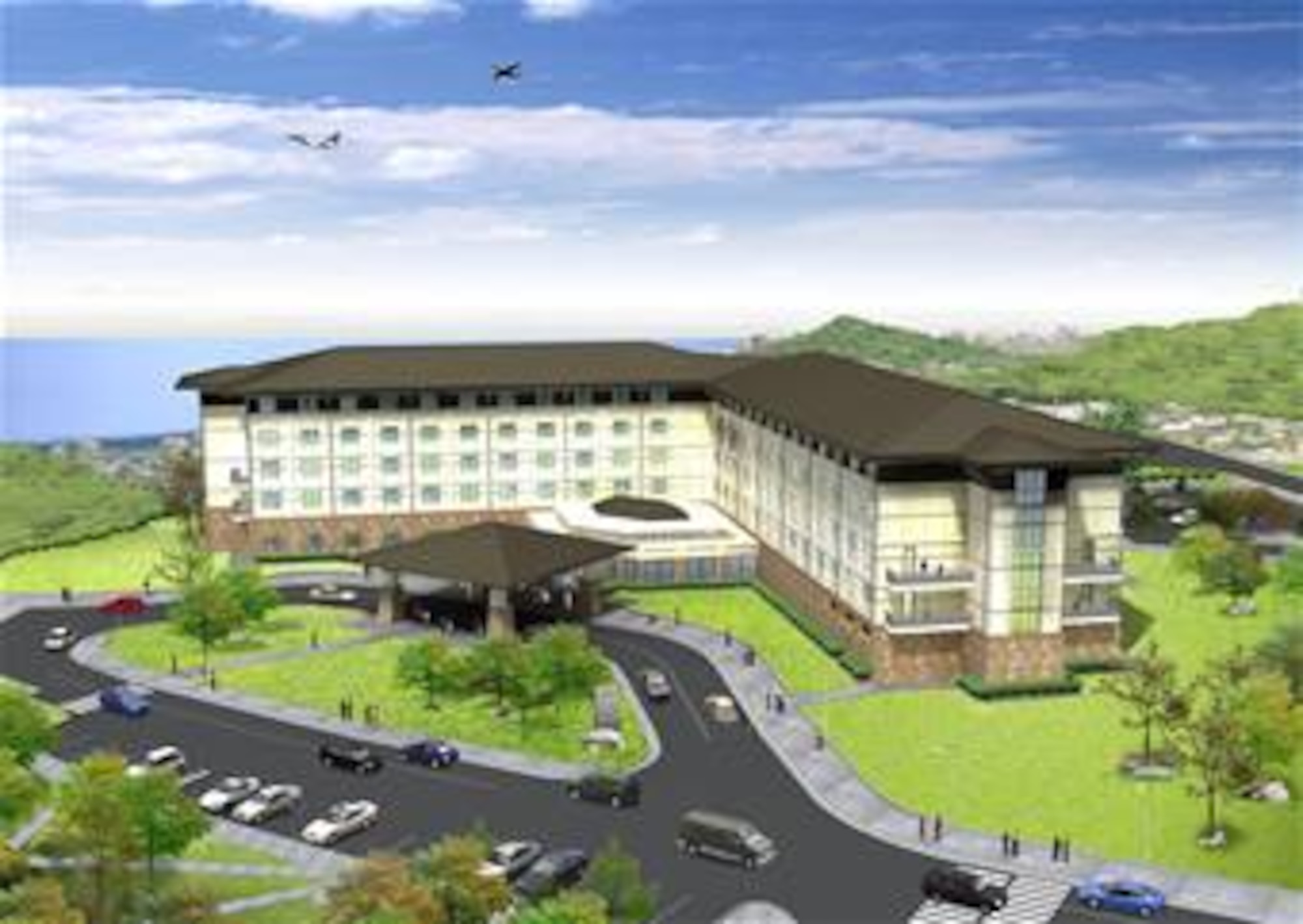 This artist's conception of Kunsan Air Base's new Wolf Pack Lodge gives way to eight business suites and 192 single-occupancy rooms, each with their own bath. The $25 million facility is slated to open November 2009. (Courtesy graphic)