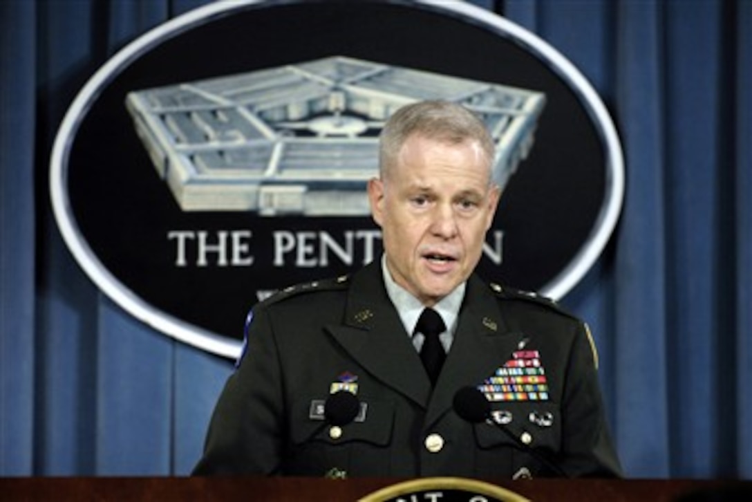 Deputy Director for Operational Planning, Joint Chiefs of Staff Maj. Gen. Richard Sherlock, U.S. Army, talks to reporters in the Pentagon during an operational update briefing on Sept. 6, 2007.  
